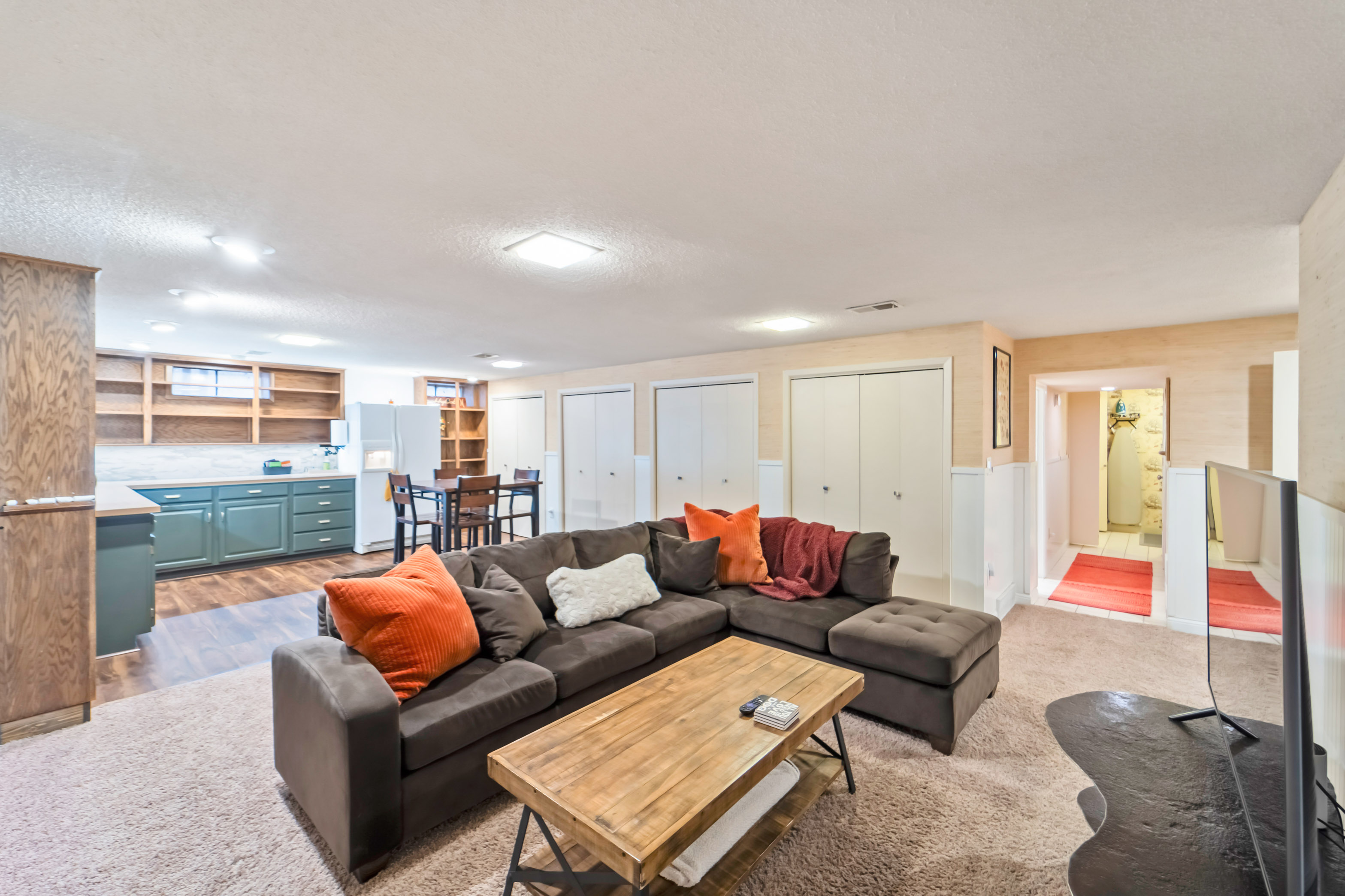 The couch in the basement can be pushed together to create a super comfy double bed, perfect for slumber parties!