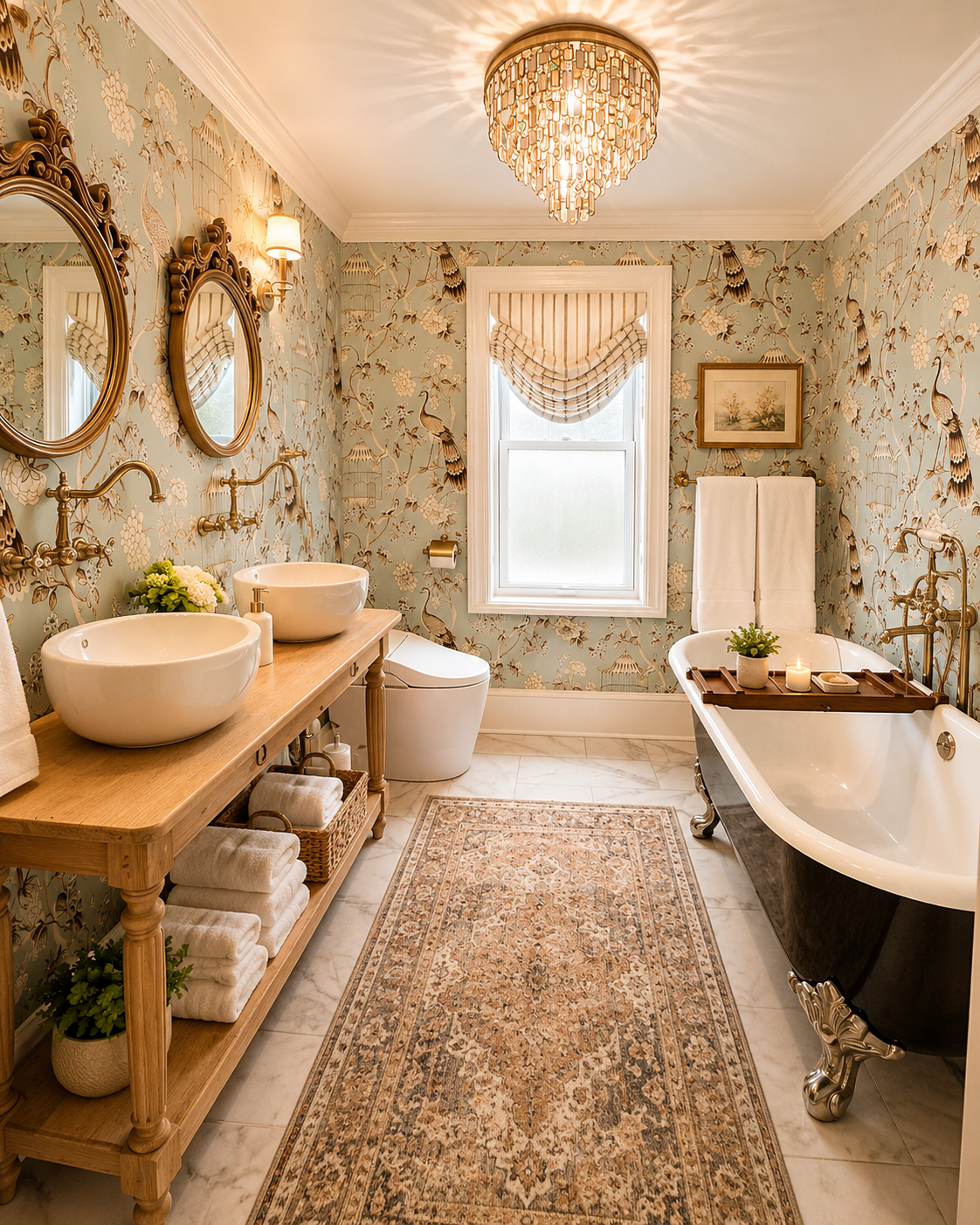 Elegant upstairs guest bathroom featuring a vintage clawfoot soaking tub, double vessel sinks, and timeless designer details. Rich wallpaper, plush towels, and classic fixtures create a spa-like retreat perfect for relaxing after a day of exploring.