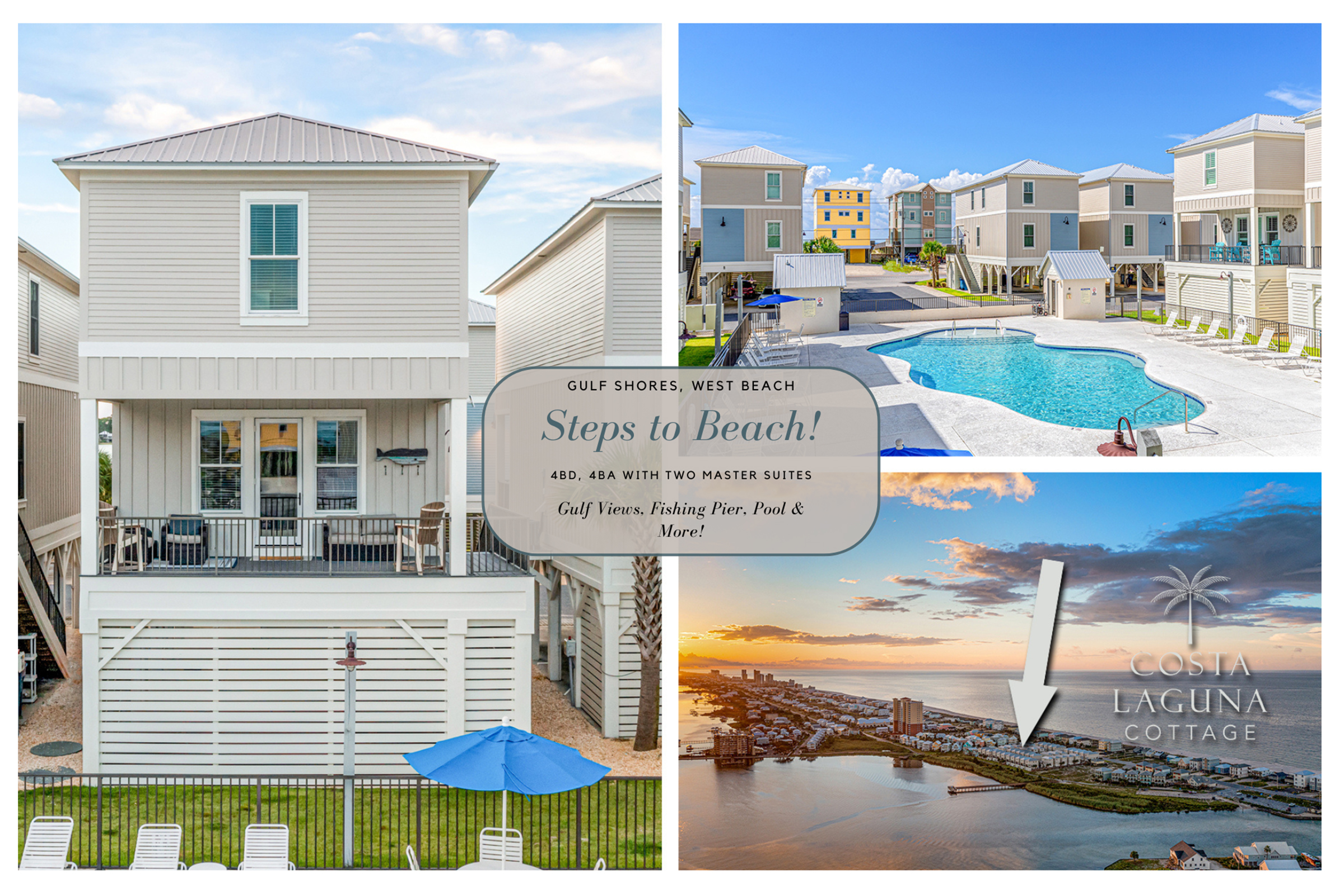 4 bed, 4 ba private cottage in West Beach, Gulf Shores. Steps to beach, pool, fishing pier & much more!