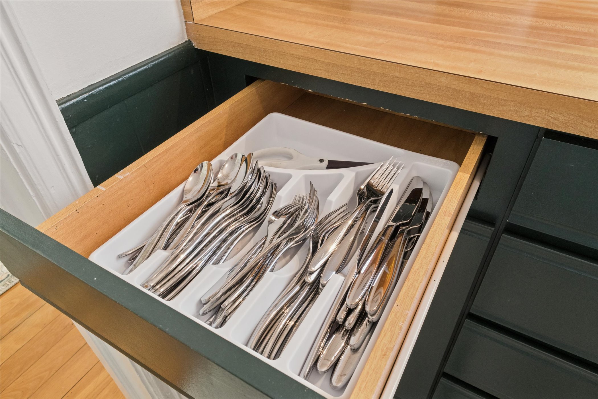 Plentiful and ready for the weekend—our South Bend guest retreat silverware drawer is stocked with flatware for every meal, from cozy breakfasts to alfresco dinners near Notre Dame.