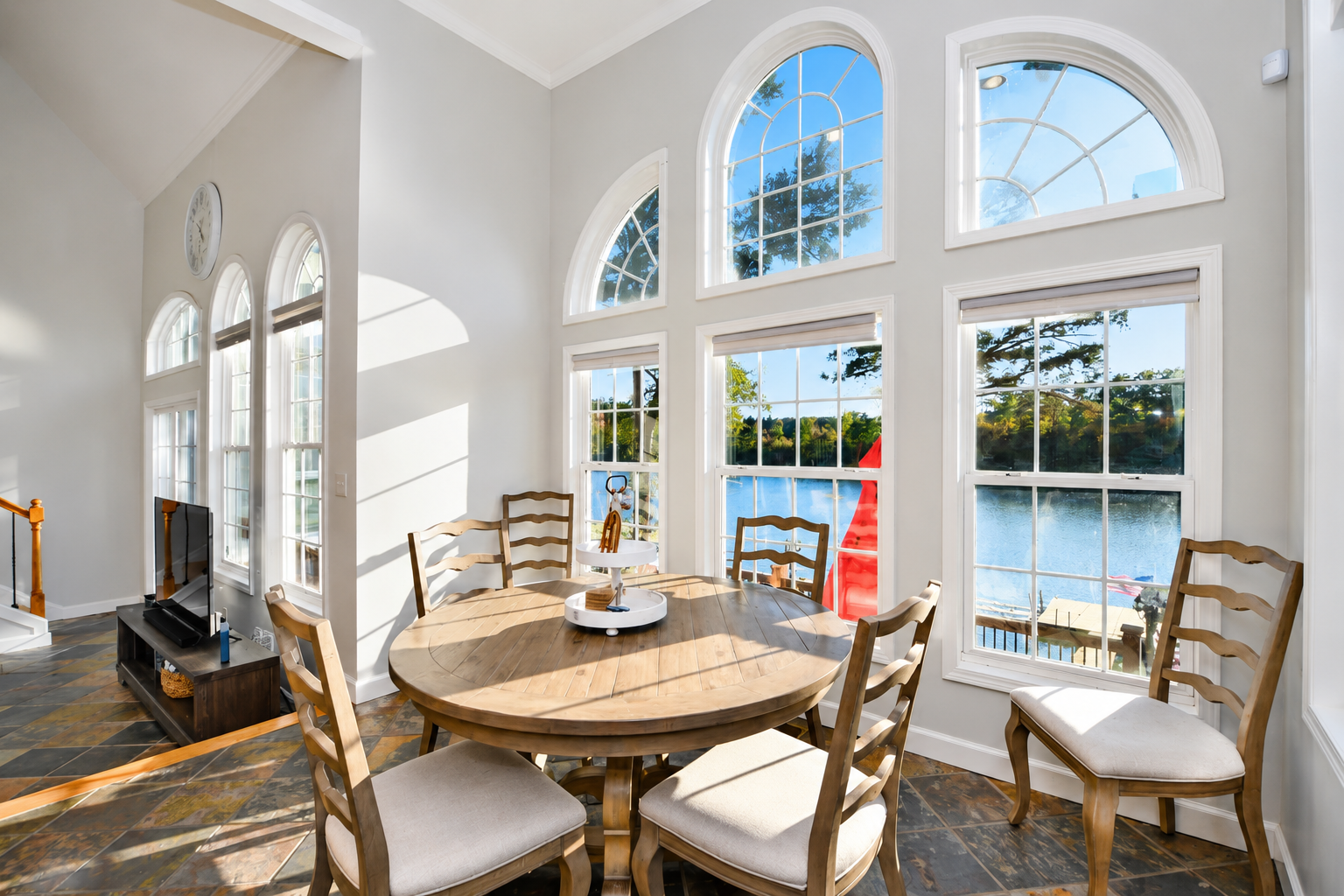 Dining room seats 6 with extra outdoor dining offered outside and in the living room.