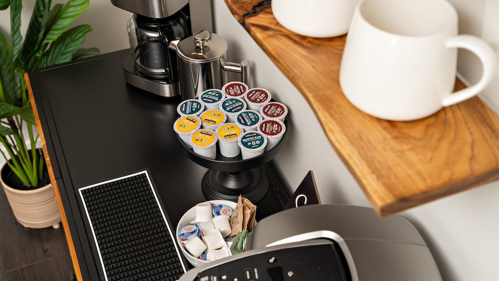 Fully stocked, meaning Keurig with K cups, drip maker with grounds, etc.