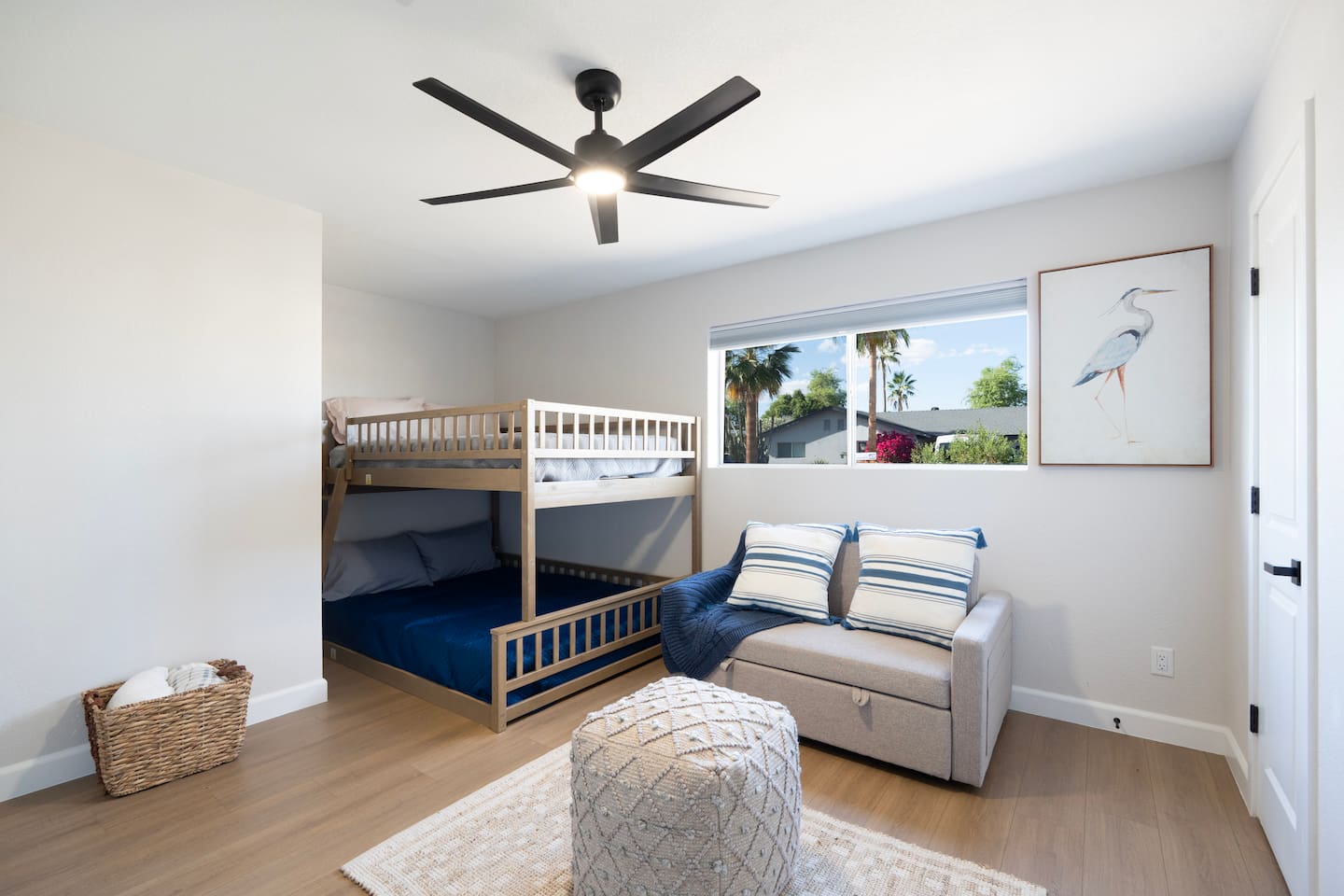 Bunk room with twin-over-full bed and pull-out sofa—perfect for families or extra guests