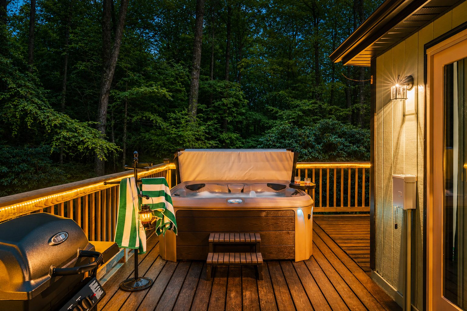 🔥 Propane grill and hot tub side by side — dinner and a soak.