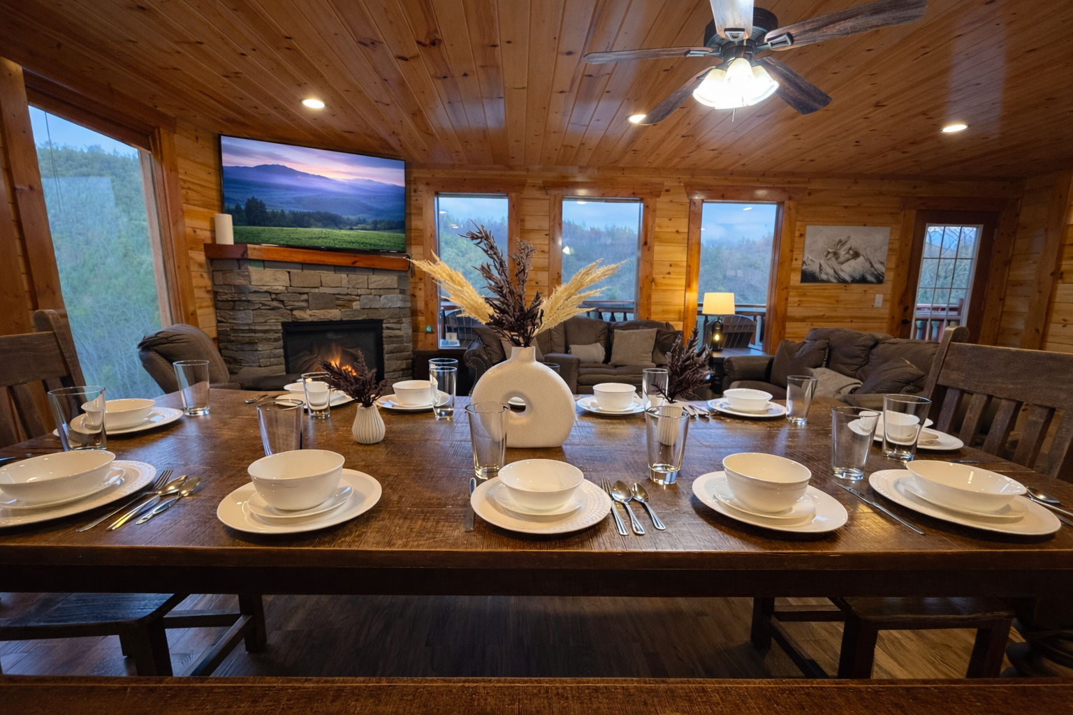 Gather around the table where mountain memories are made—warm cabin vibes, scenic views, and space for everyone to share a meal together.