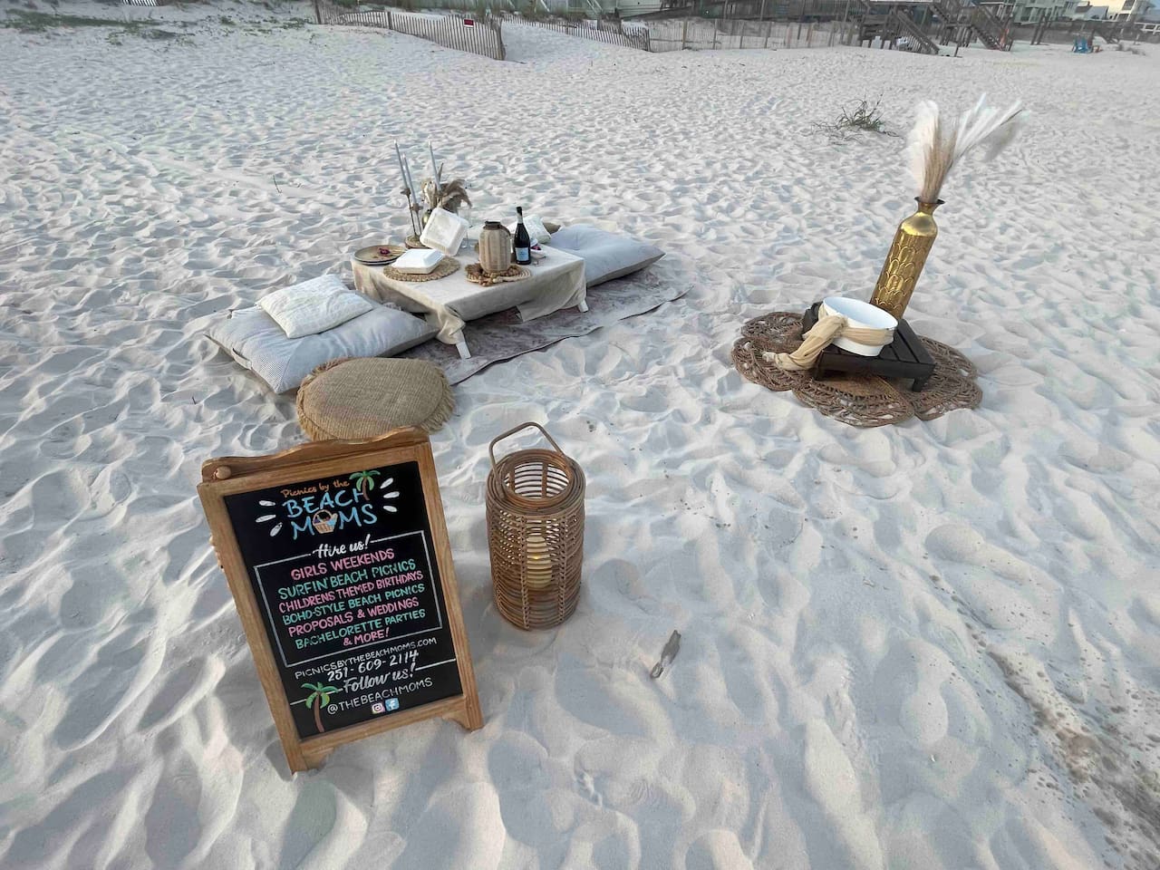 Want to picnic on the beautiful white sand beach? Call and book with these ladies for a cozy, stylish beach setup at Gulf Shores!