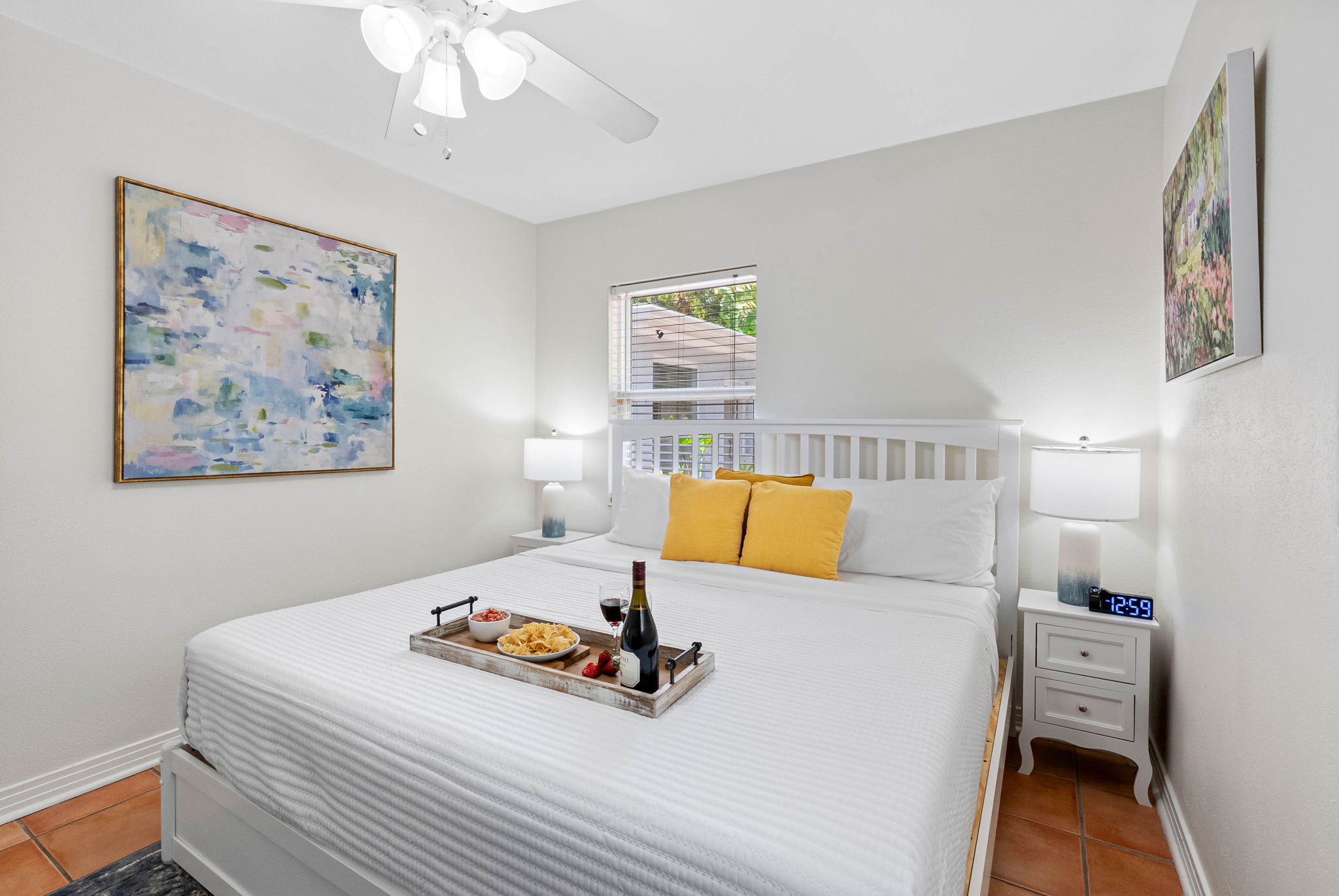 This bedroom brings together modern comforts and artistic flair.