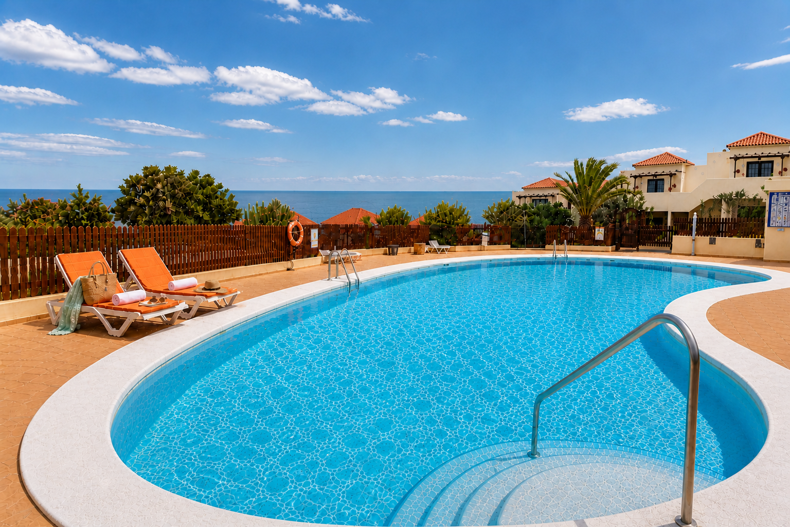 Communal swimming pool with spacious areas to enjoy the sun and relax with open views of the surroundings.