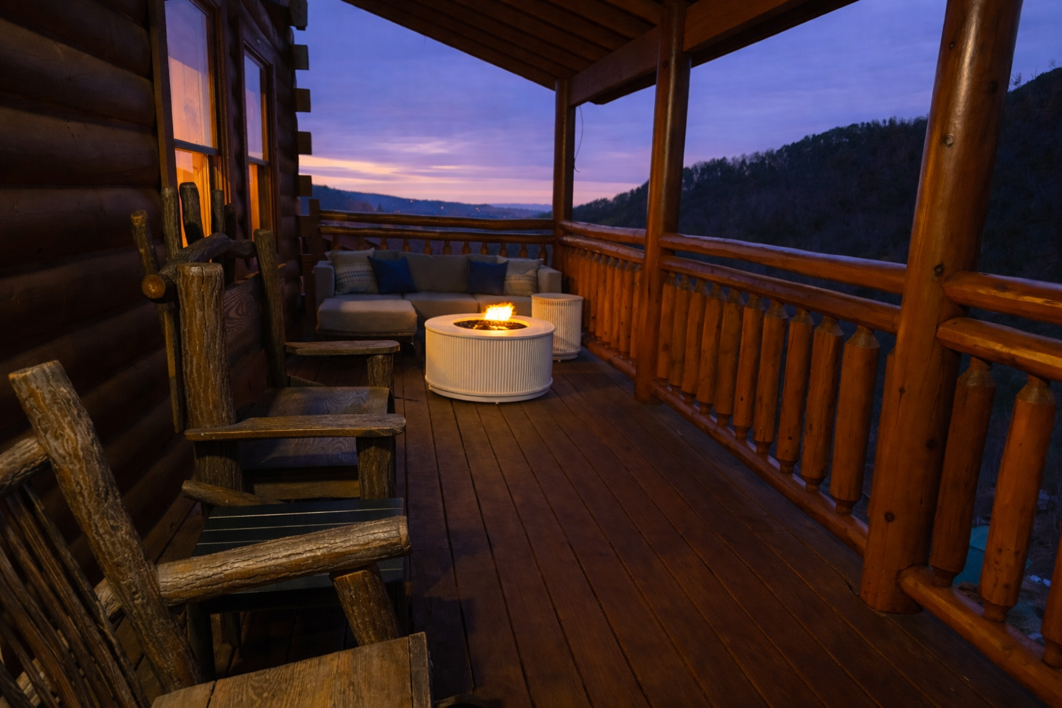 Rock, relax, and gather around the fire as the mountains settle into evening.