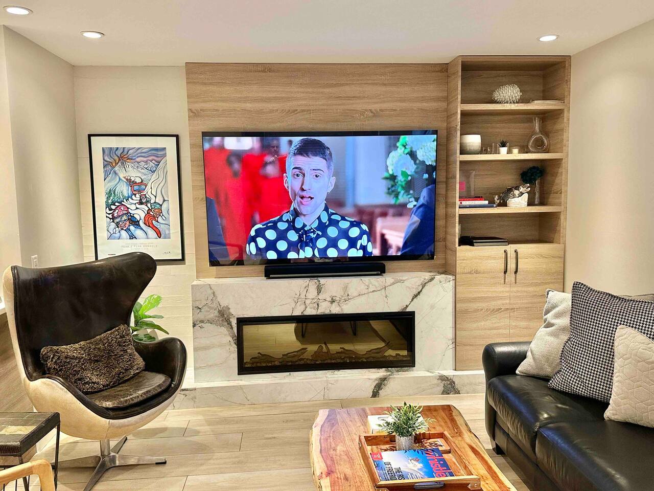 Living Room includes 77” LG OLED TV w/ Sonos Surround Sound + Playstation 5, Fireplace,  Seating for 10 ppl, heated floor, A/C, views of Blackcomb Mountain. Walk everywhere in village, vehicle not required. Bike, hike, ski from your door.    