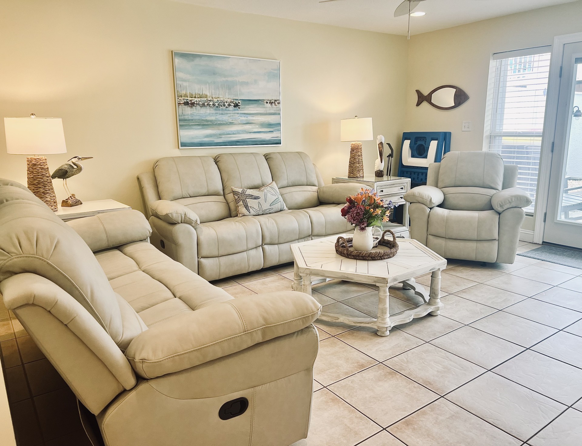 New furniture for 115! Both couches are recliners on both ends plus a big comfy recliner! Same great pool and courtyard views!