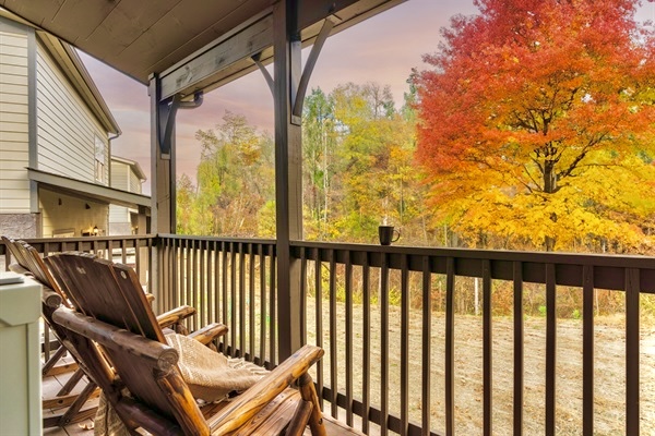Overlooking the peekaboo mountain view from the deck, this spot is perfect for morning coffee or evening relaxation, surrounded by vibrant fall colors and crisp fresh air. A peaceful place to unwind and connect with nature.