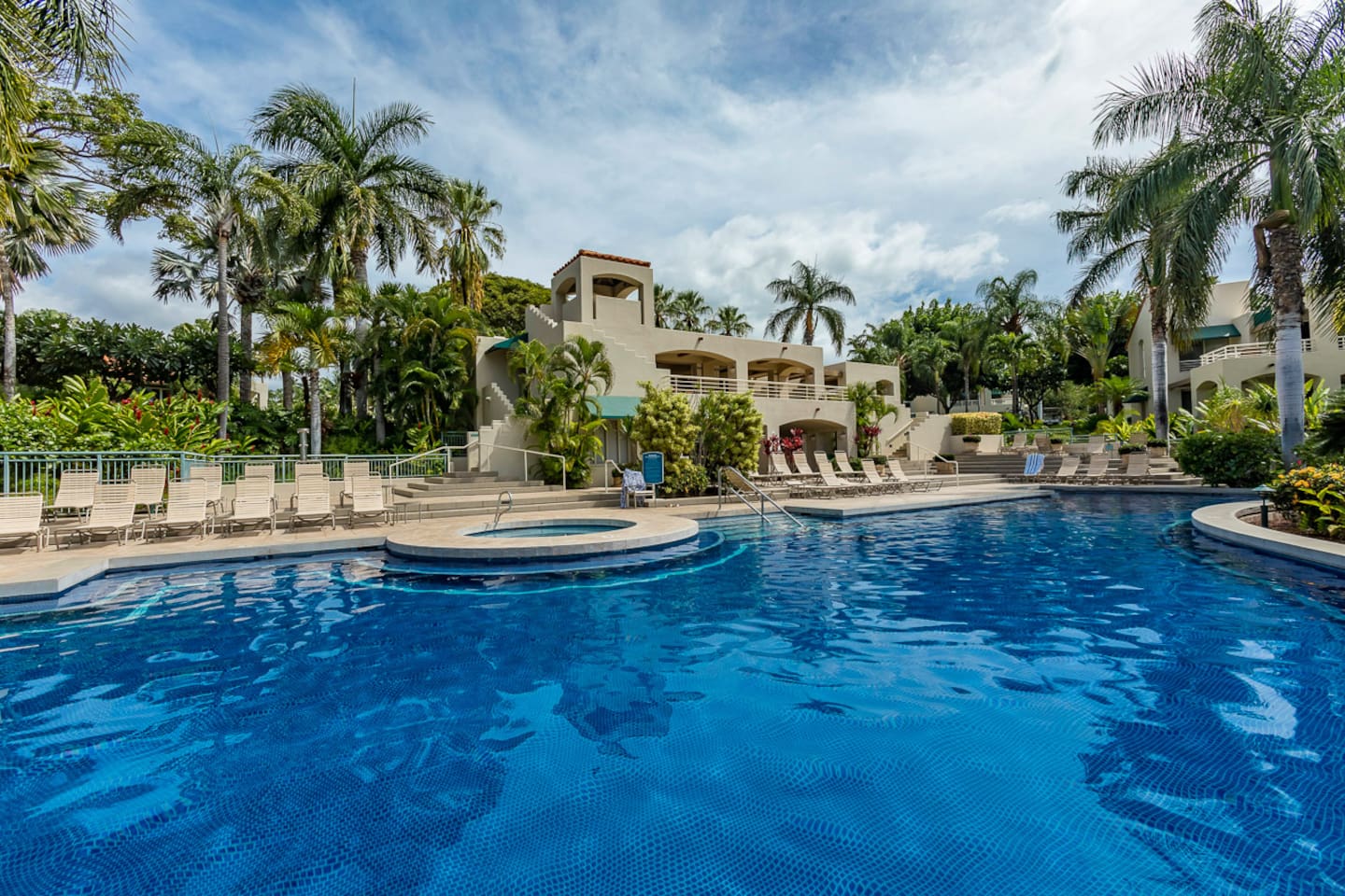 looking from the pool up at the club house