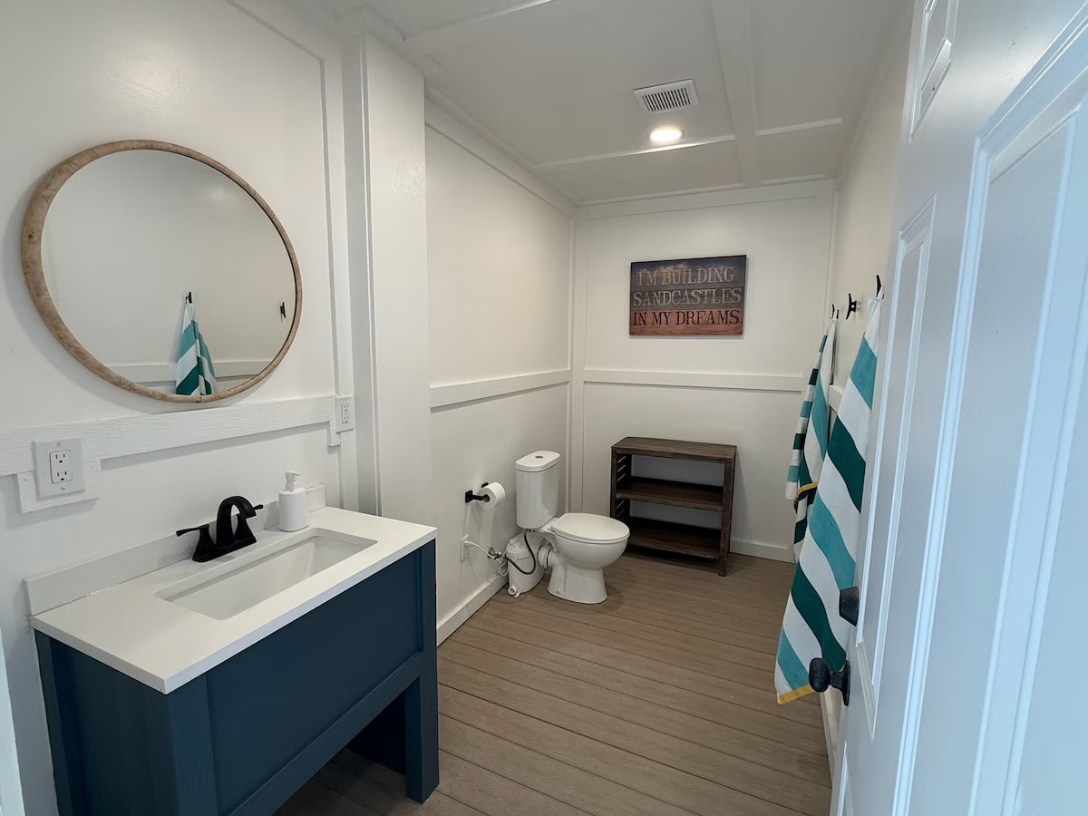 No need to head upstairs-the lower level has its own bathroom and showers. Bonus!