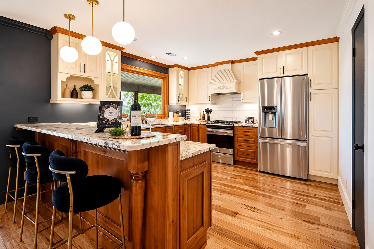{Kitchen} Gather around the island, uncork a bottle of Biltmore wine, and plan your next Asheville adventure with our local cookbook nearby—an inviting hub for group meals, happy hours, and slow mornings at Canopy Club.