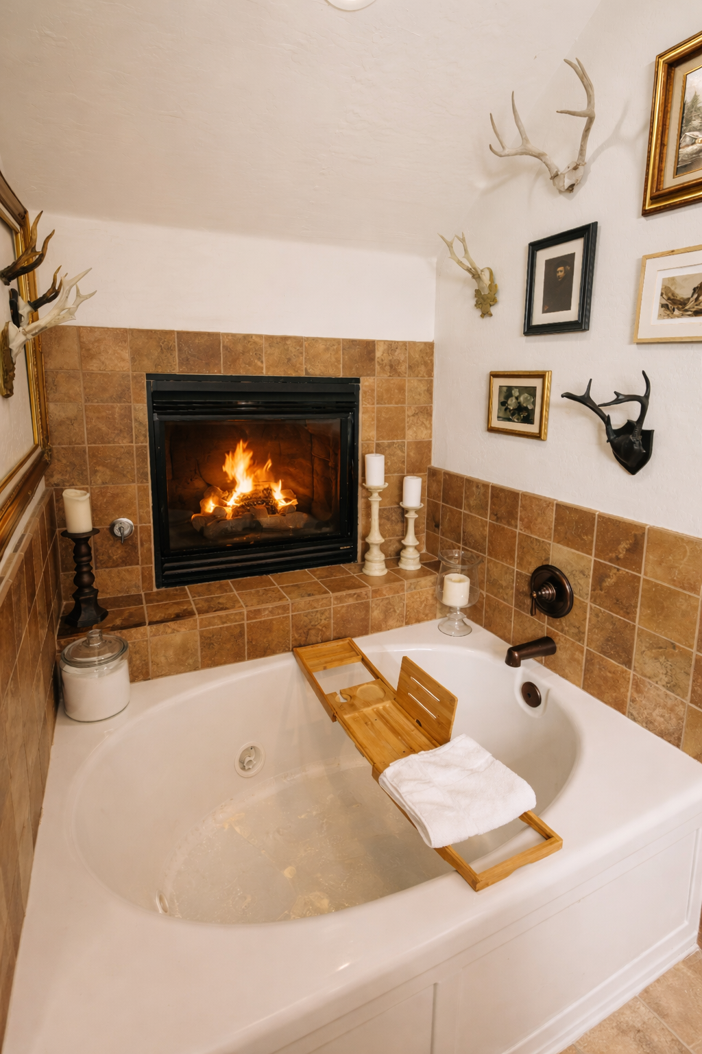 Candlelit jetted tub beside a cozy fireplace—perfect for slow evenings, wine, and total relaxation after a day in the mountains.