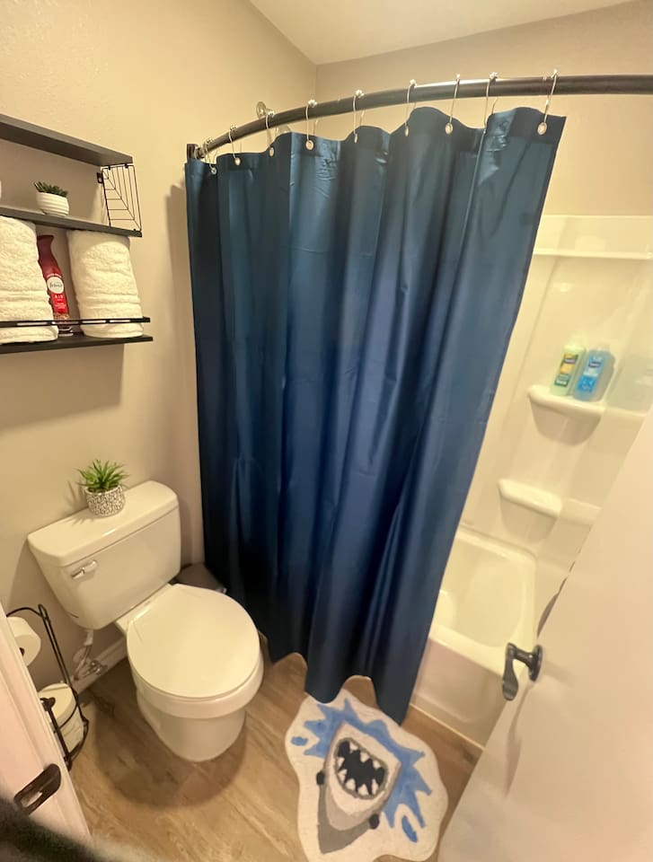 Bathroom with a shower, fresh towels, and simple essentials for daily use.
