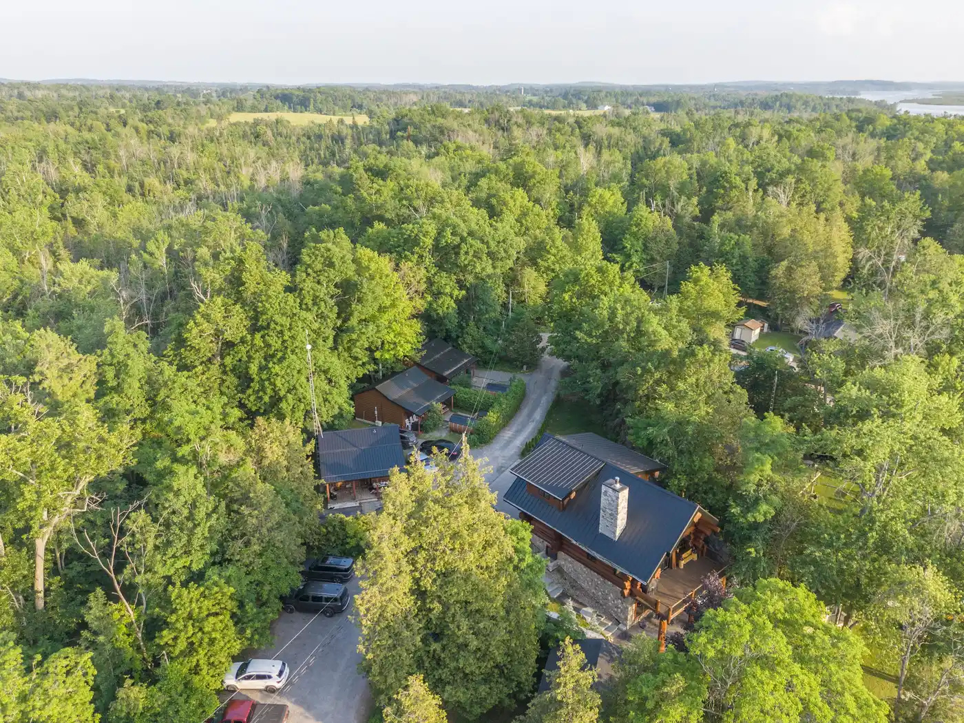 Aerial view of Bear Lodge surrounded by forest and waterfront scenery
