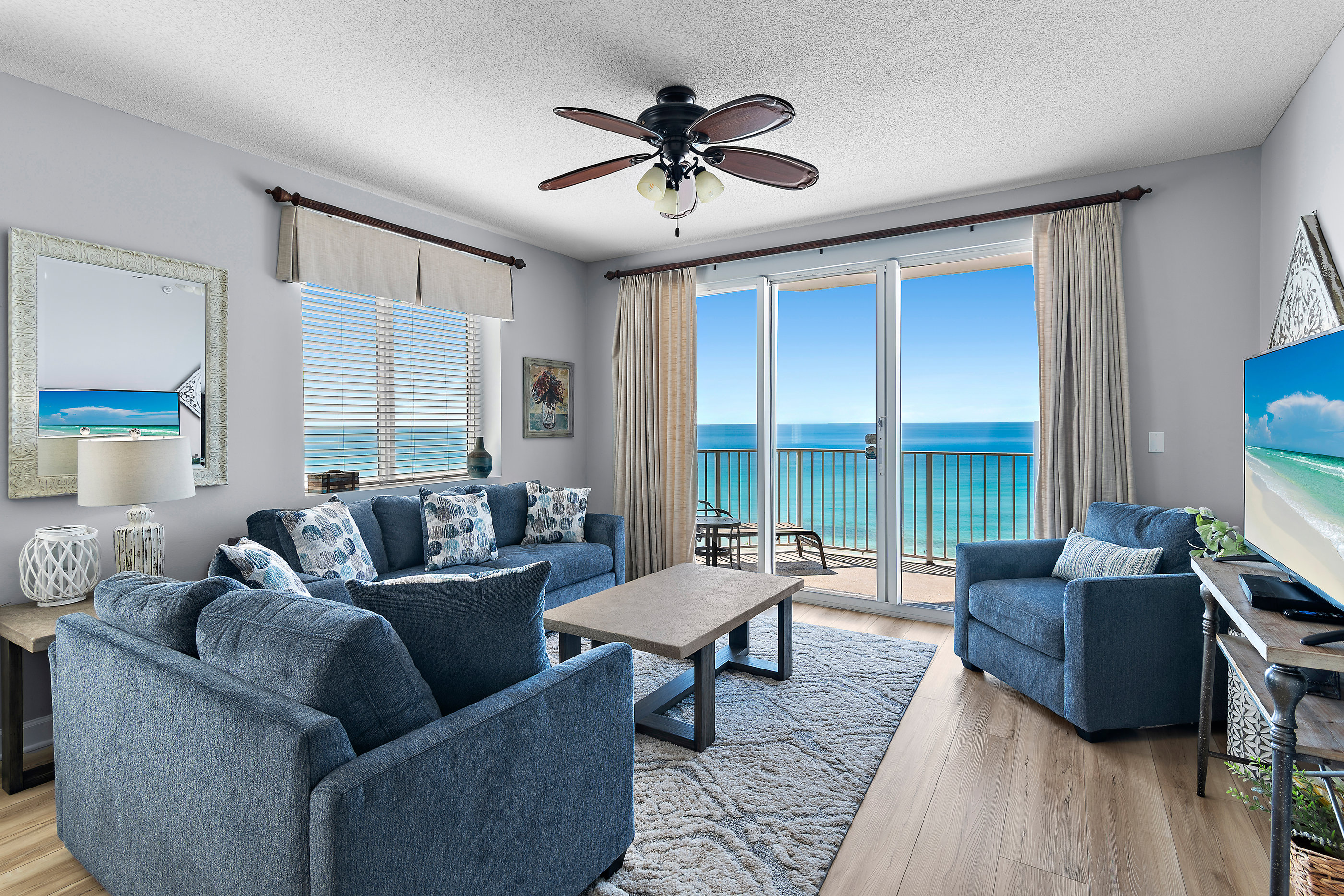 8th Floor, Corner-Unit Condo offers expansive views from multiple angles of sugary white sands and crystal clear waters of the Emerald Coast + Stunning Sunsets!