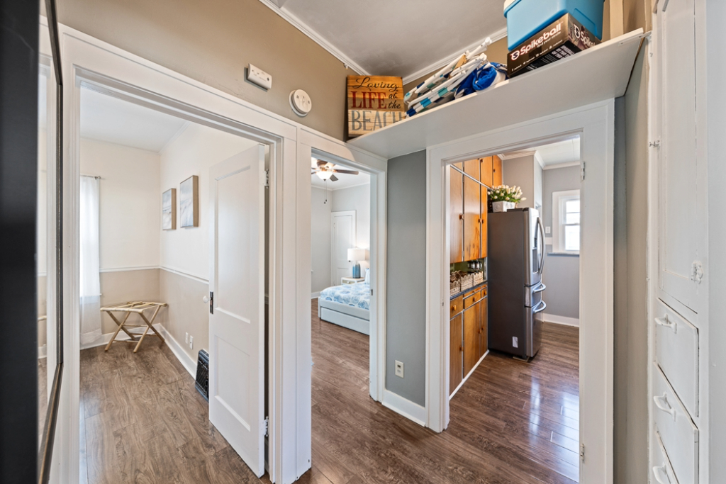 Hallway to bedrooms with seasonal goodies to enjoy during your stay