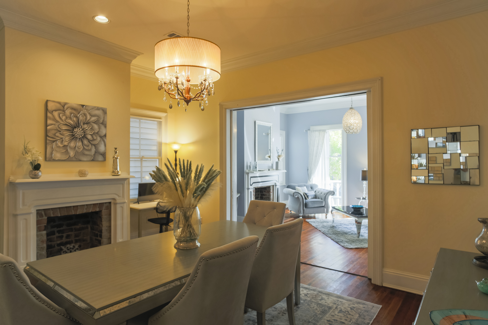 Bright and welcoming, the dining room flows easily into the kitchen and living spaces.