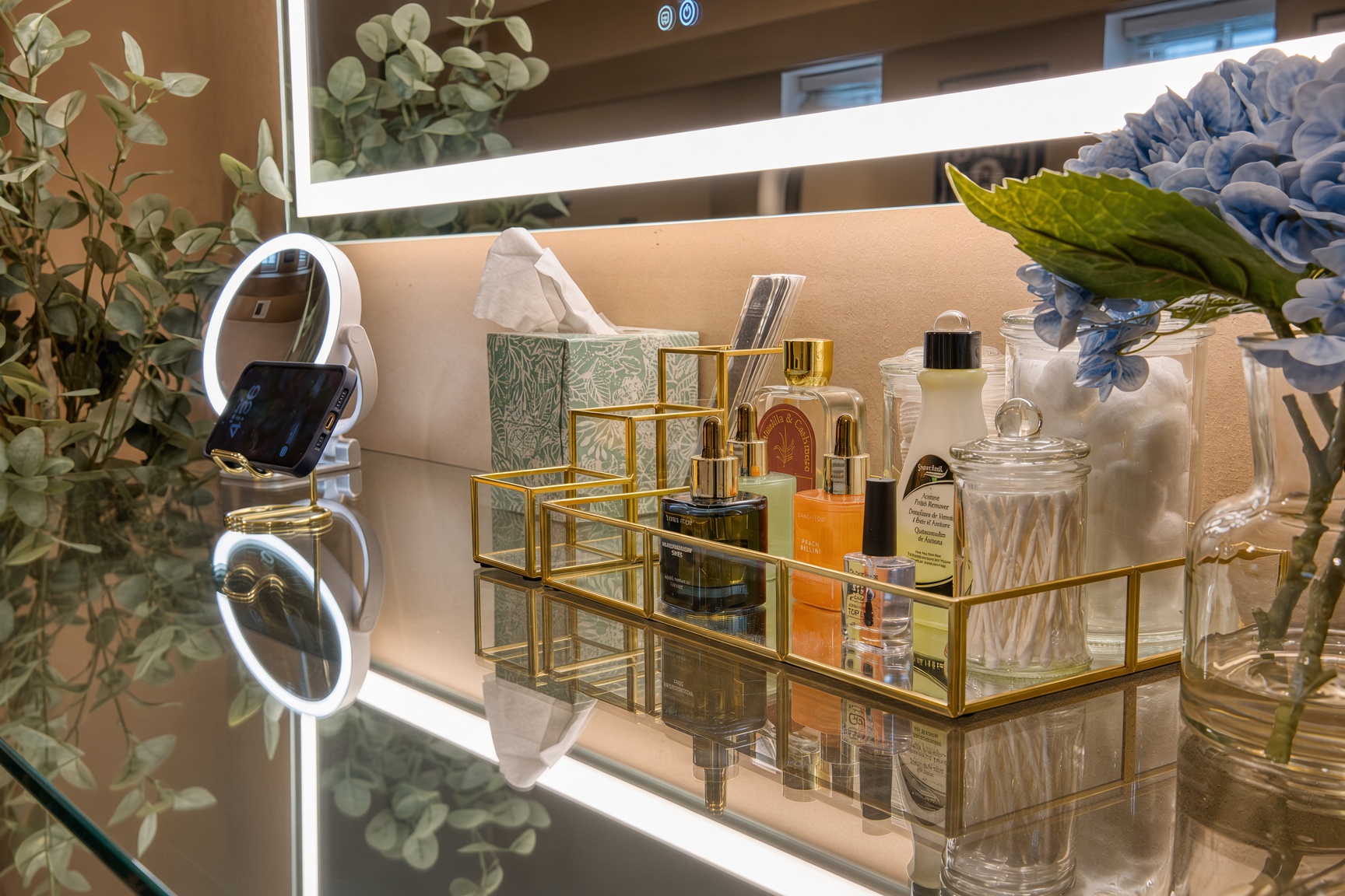 Glam station complete with accessories like cottons balls, pads, swabs and perfume. Recently added in September 2026 to add to the comfort and experience.  This is in the lower floor suite.
