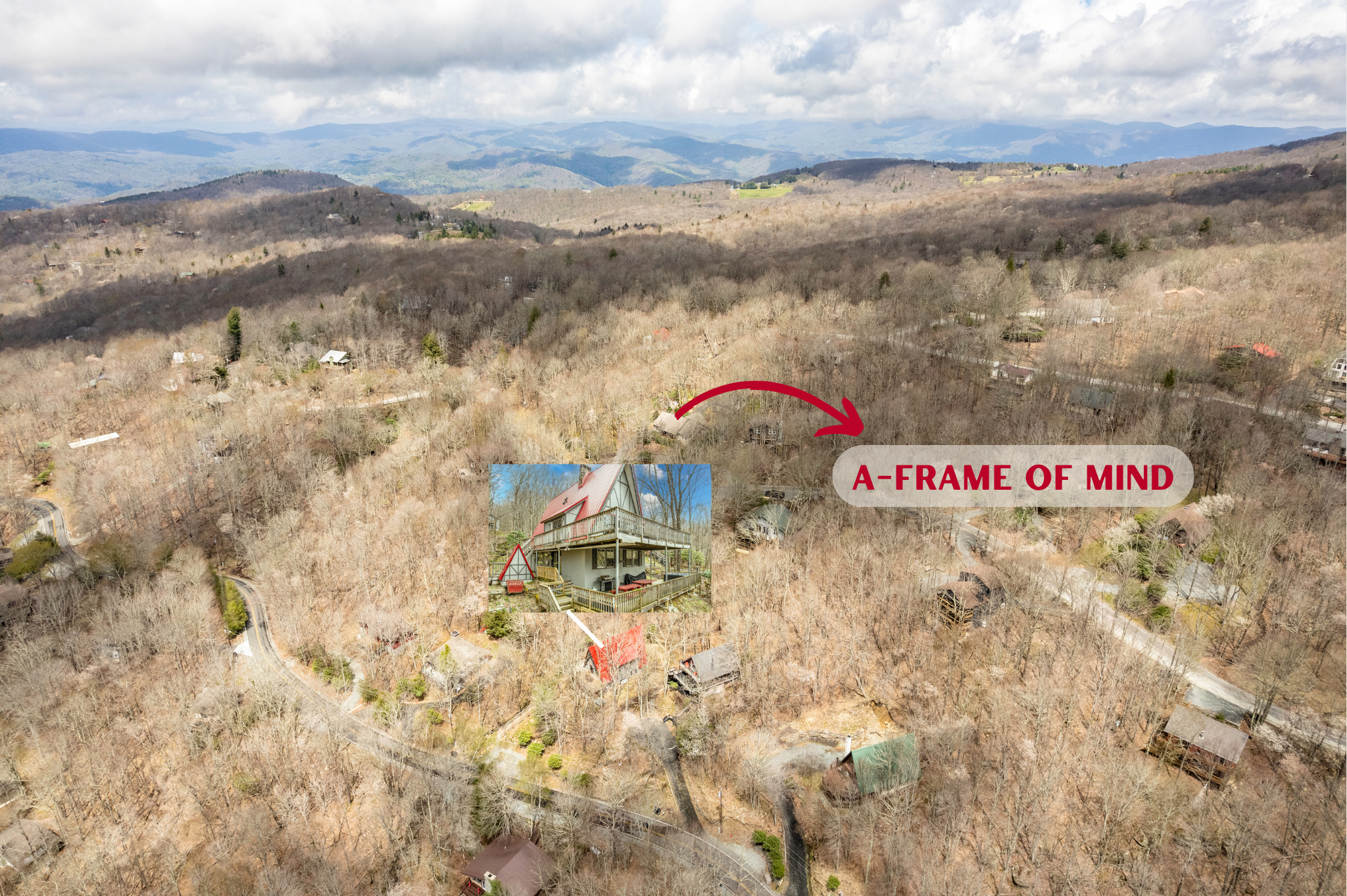 Spot the red roof of 'A-Frame of Mind,' nestled in tranquil mountains. Ideal for relaxation, it offers seclusion and convenience near Beech Mountain Resort.