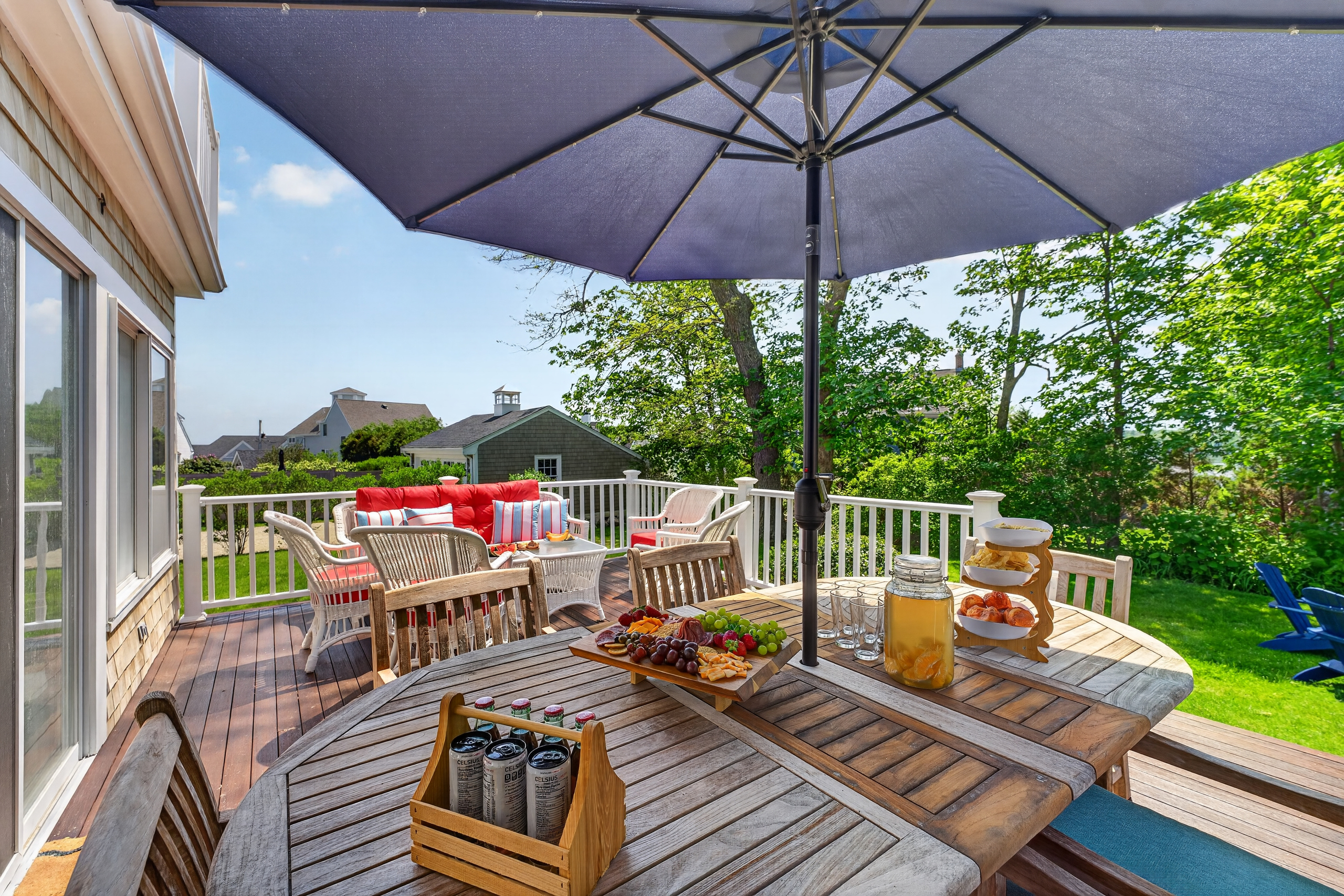 Enjoy your favorite food while relaxing in the outdoor furniture, perfect for open-air dining and unwinding.