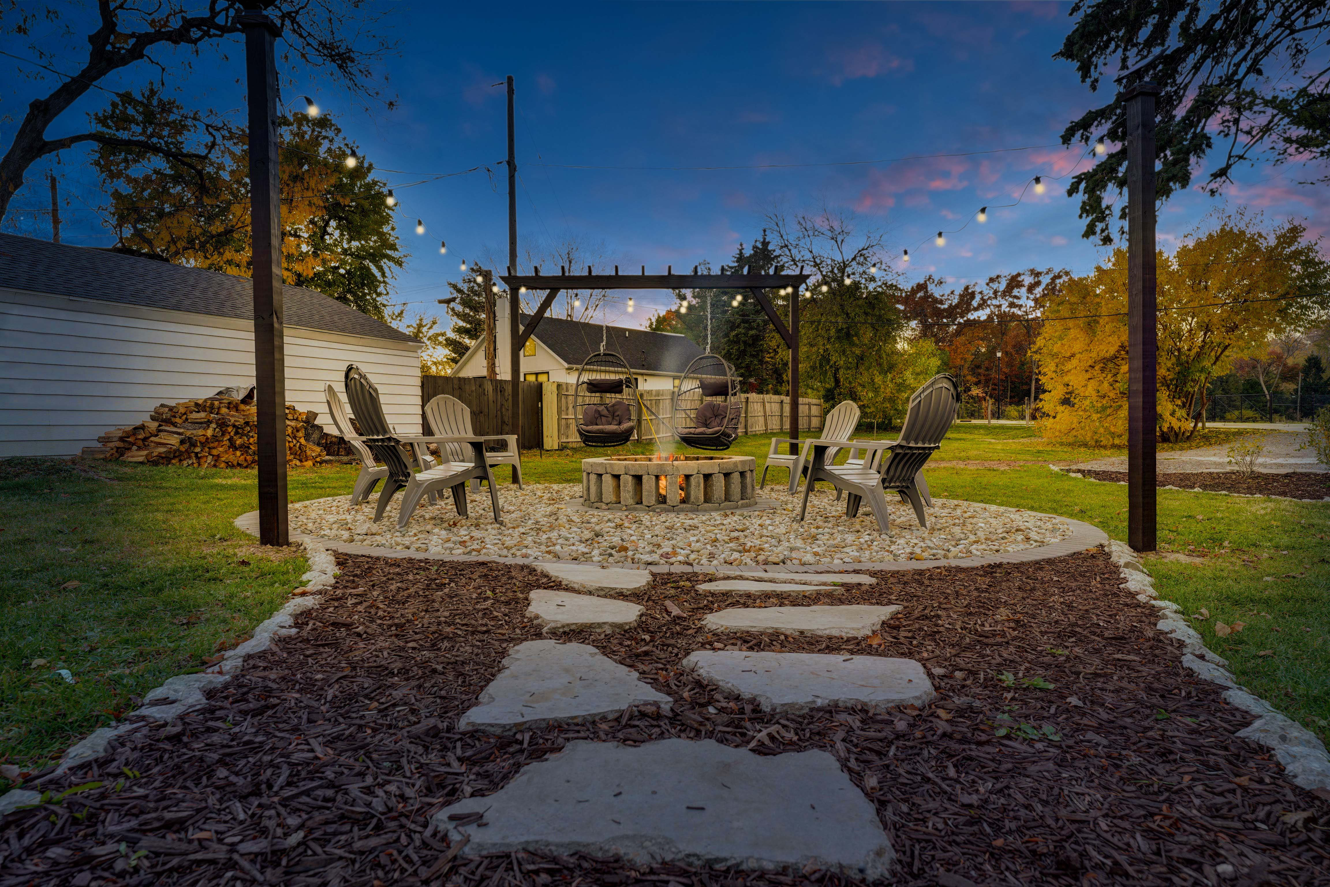 Rockne House fire pit at dusk