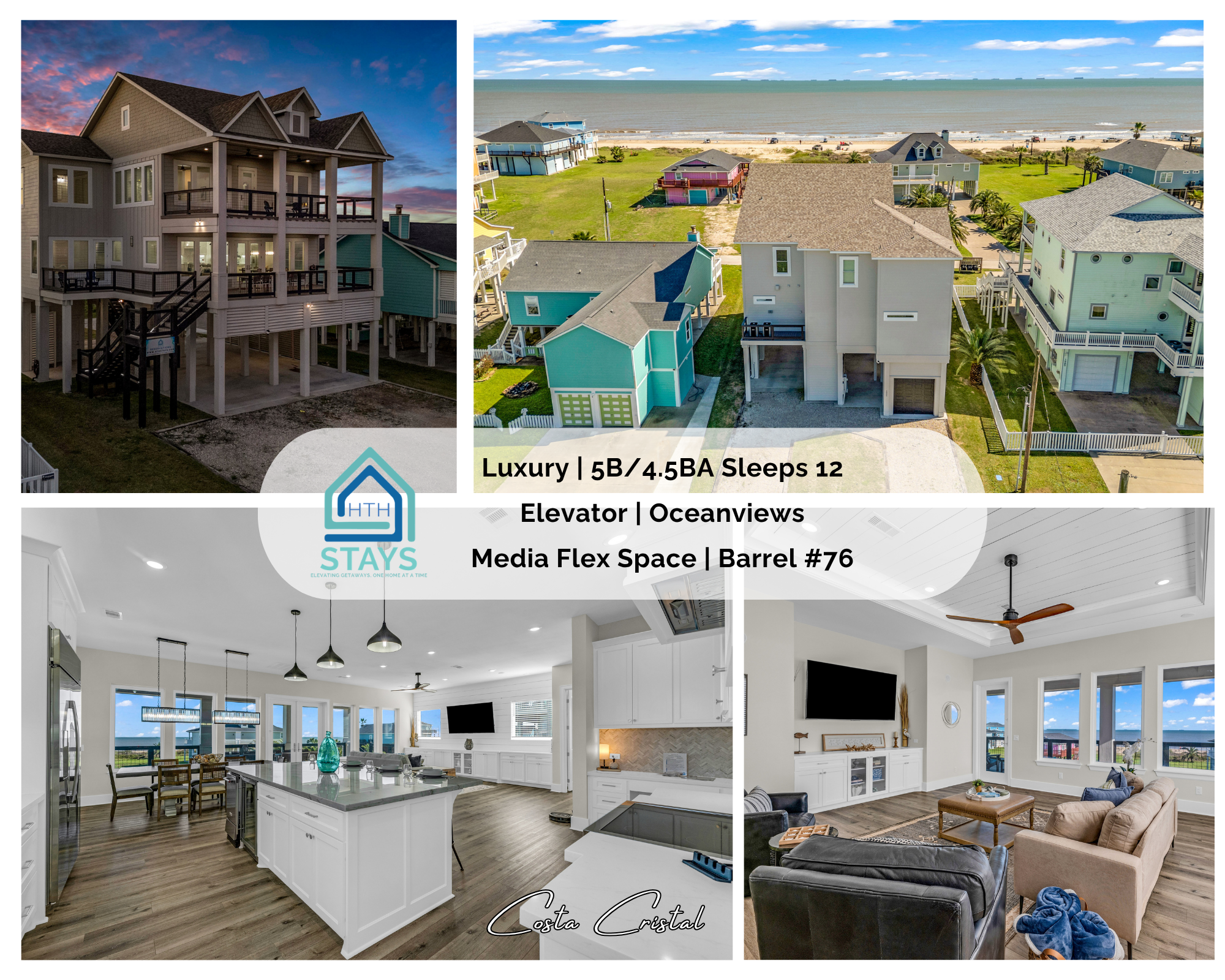 Costa Cristal Exterior: Experience a luxurious beach house with a private elevator, gourmet kitchen, and flexible media space perfect for relaxing or entertaining.