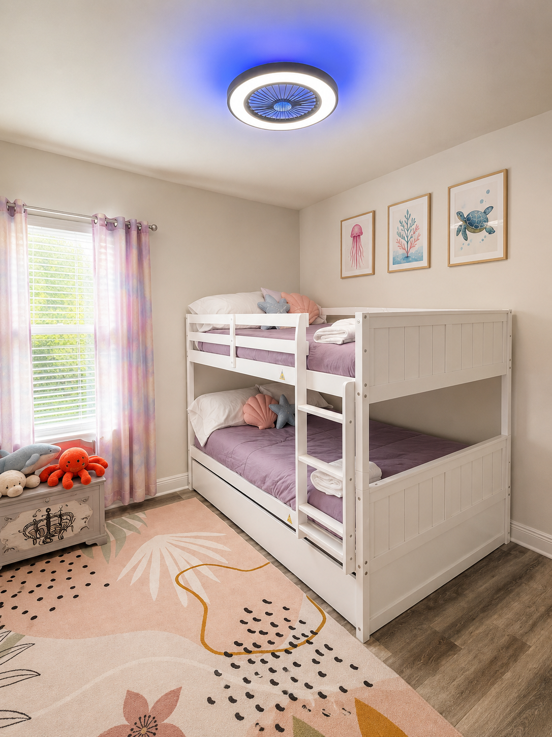 Bunk Room with color-changing LED ceiling fan