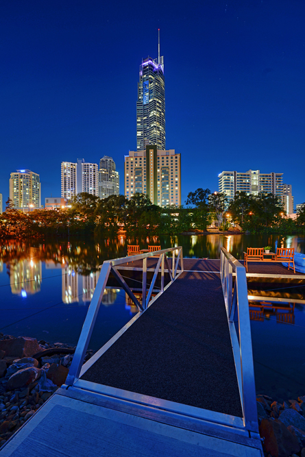 Private jetty views toward the Surfers Paradise skyline from your Paradise Island waterfront retreat.
