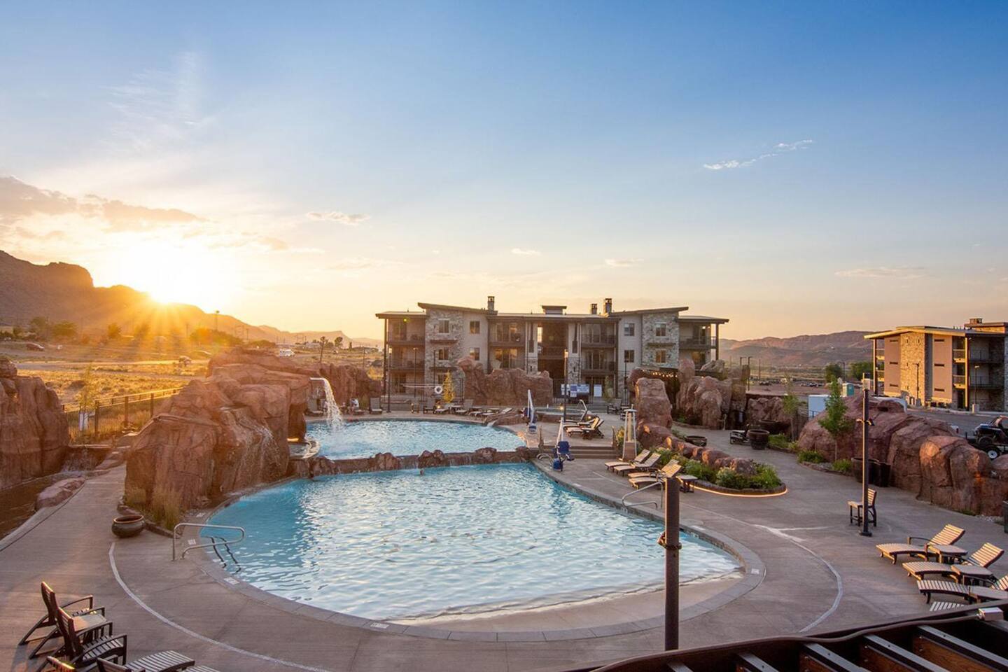 Pool view from poolside upper terrace balcony lounge