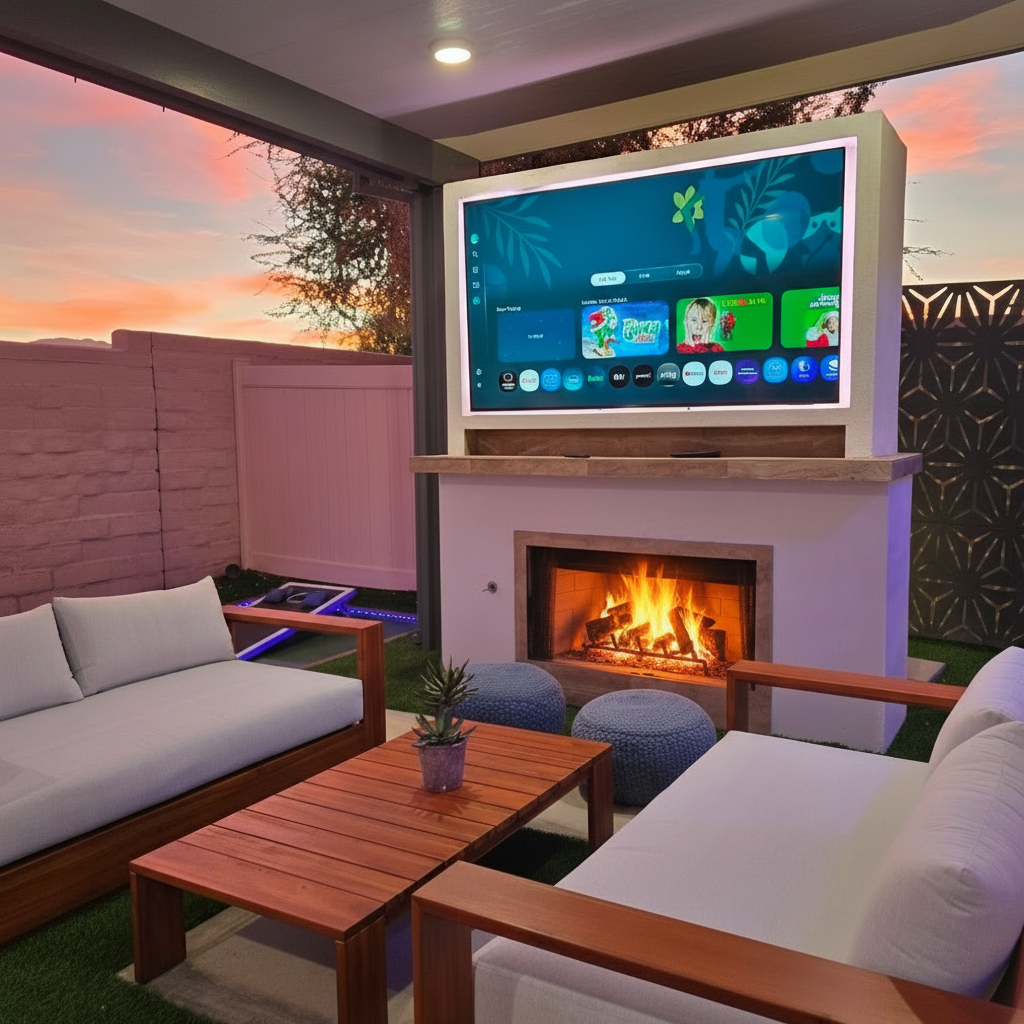 Cozy outdoor living area with fireplace and 75 inch 4k tv.