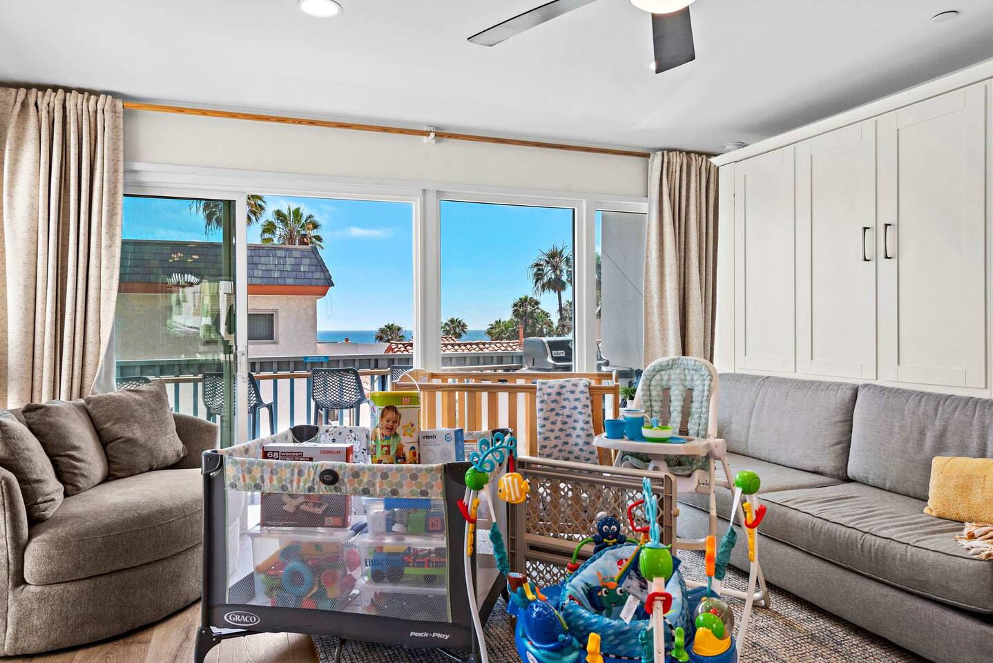 We provide all of the baby gear you could need including crib, pack n play, toys, baby monitor, high chair, kids tableware and saucer seat so that everyone is comfortable :)