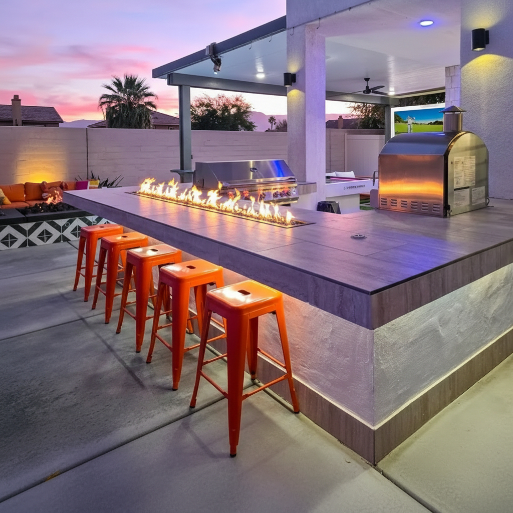 Outdoor kitchen with natural gas BBQ, pizza oven, and tabletop fire feature.