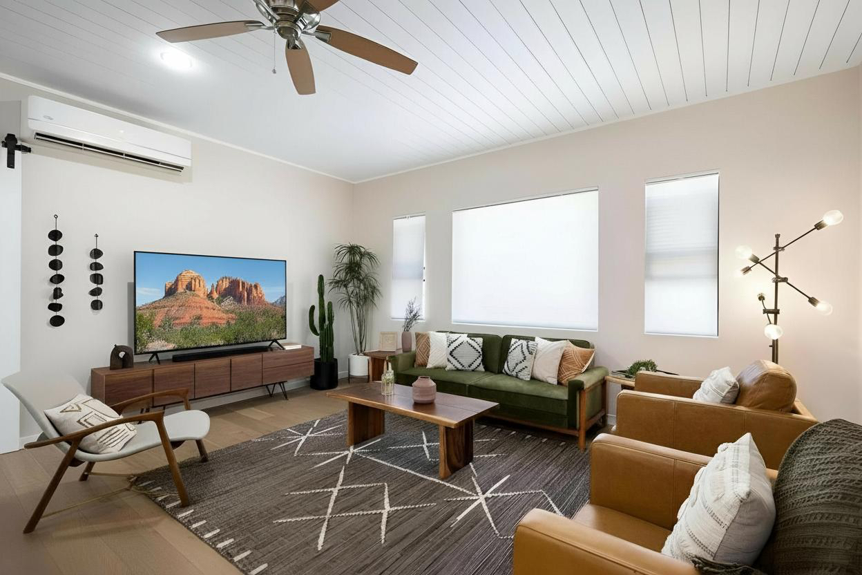 {Living Room} Desert-inspired design creates a warm, stylish gathering space.