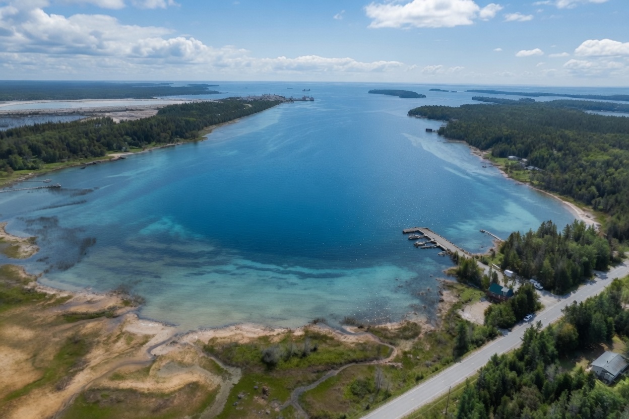 Aerial shot of McKay Bay and the marina next to the house.