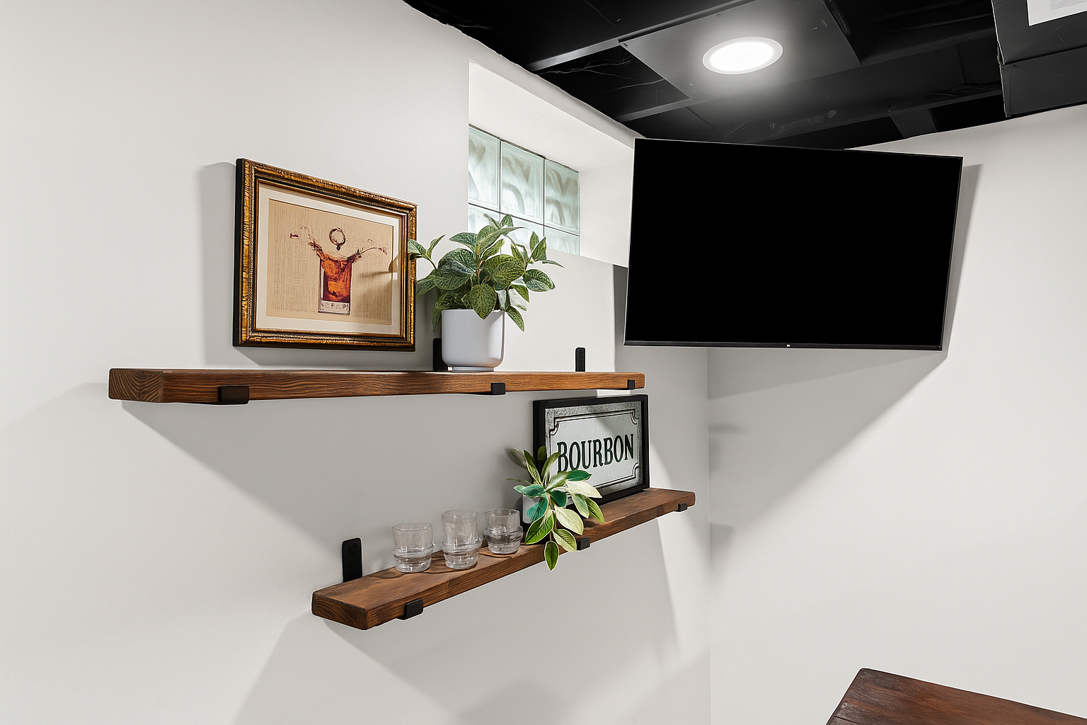 Chic bar shelves with stylish decor and Smart TV—perfect for sipping and streaming.
