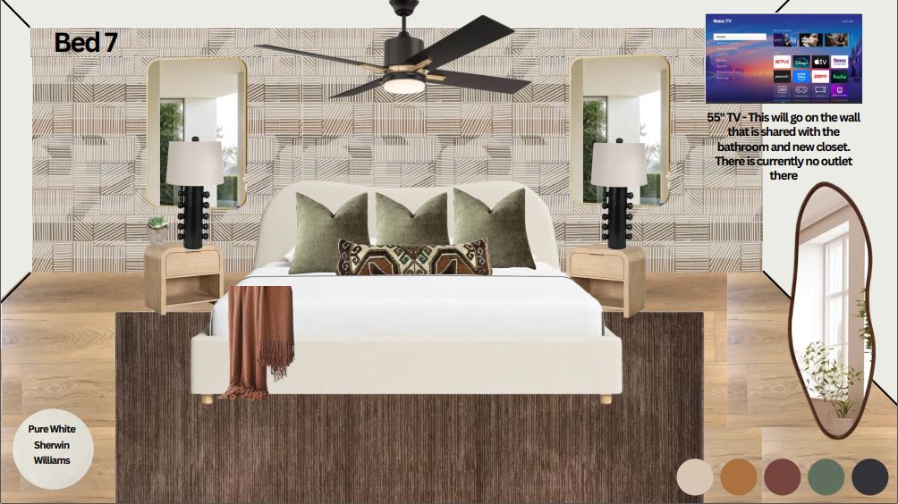 Bright guest bedroom with king bed, bold patterns, and sleek design details