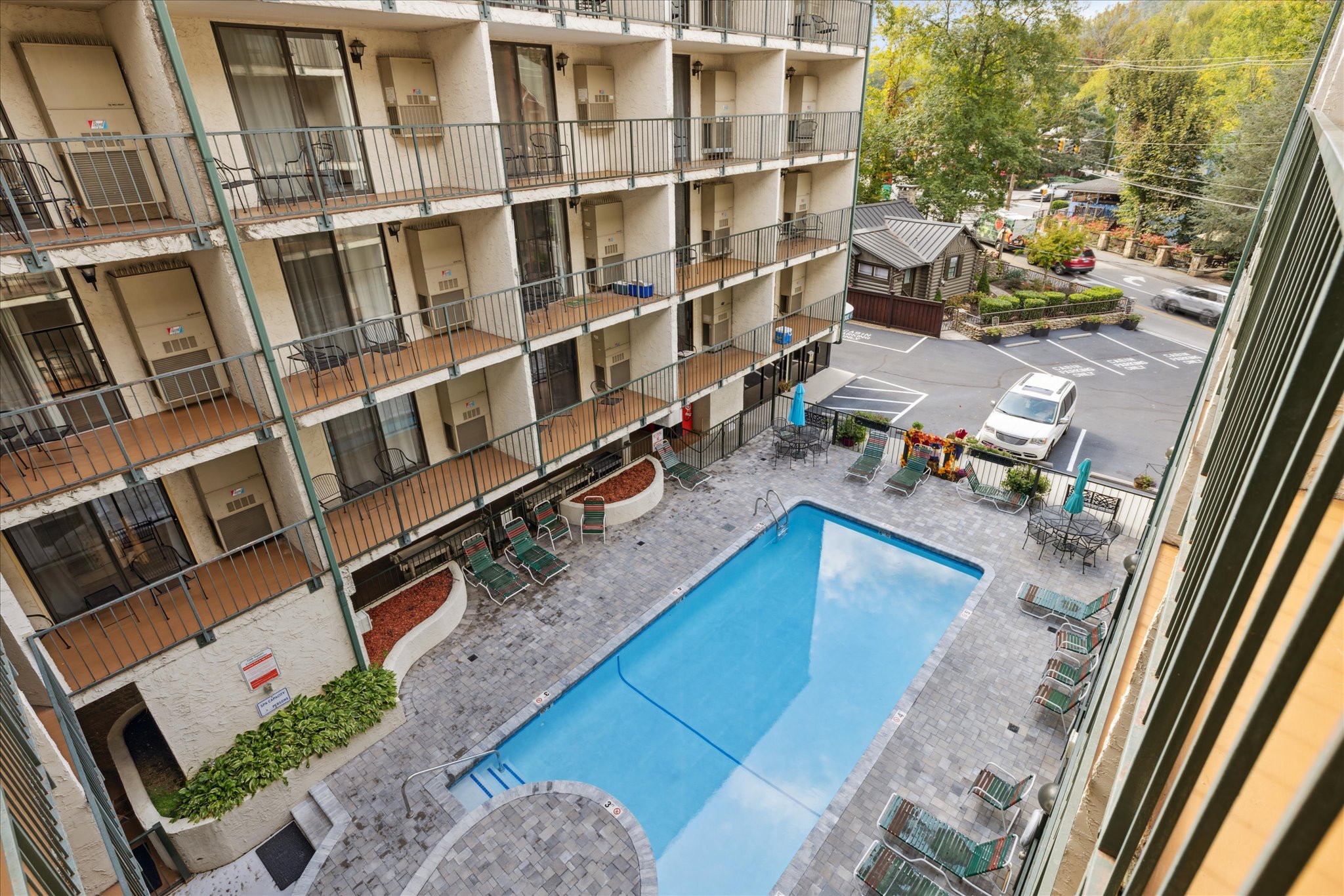 Shot from balcony overlooking the pool