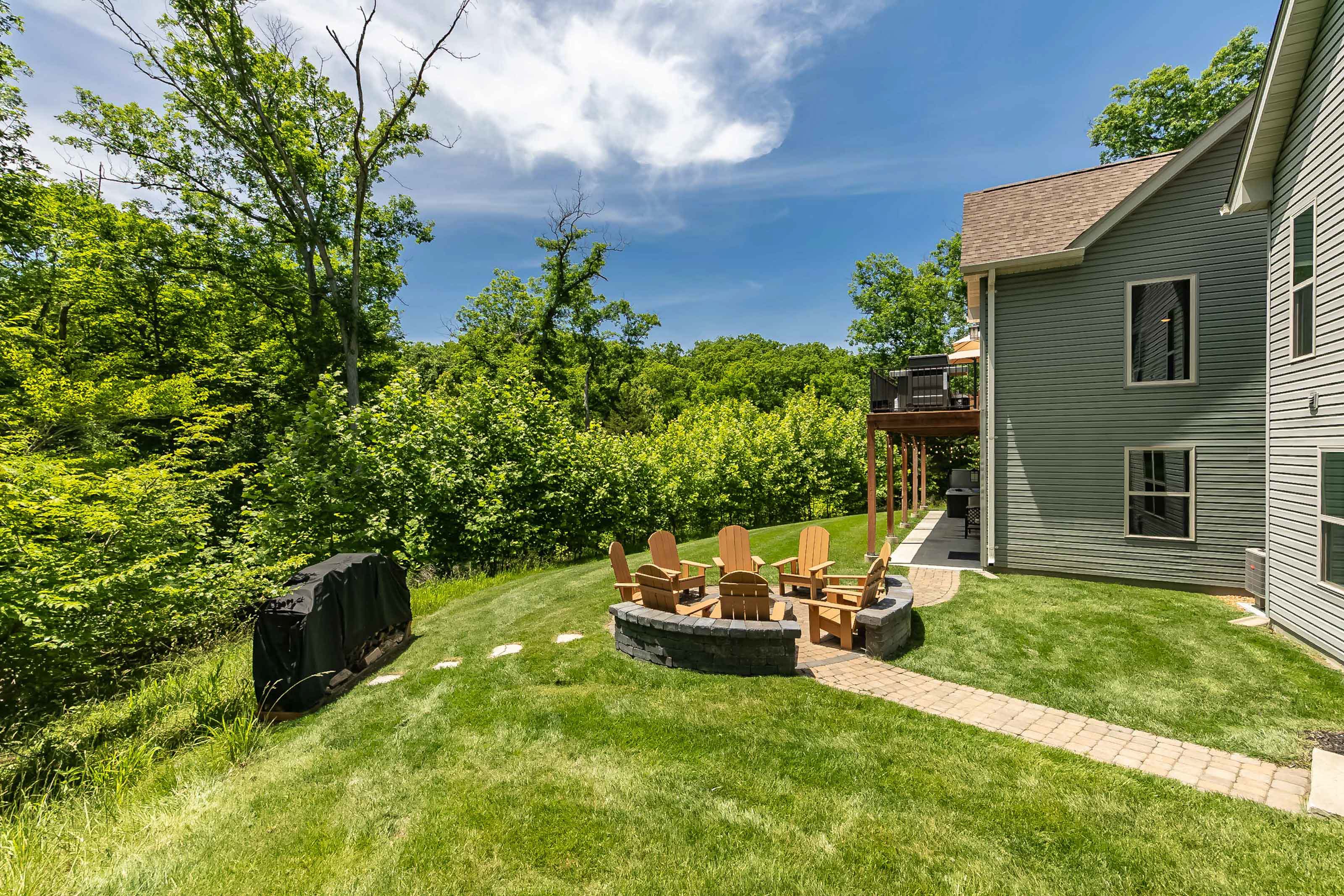The backyard offers plenty of room to play and explore.
