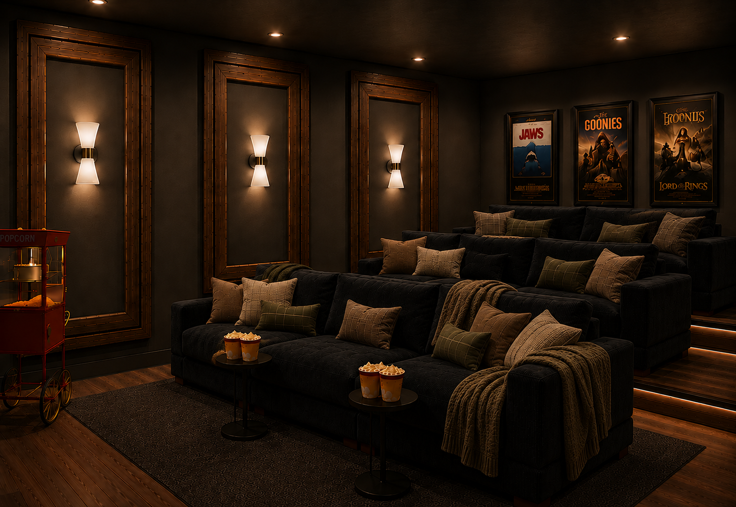 Detached entertainment lounge design preview only - featuring a pool table and theater. Currently being completed by August 30, 2026, with actual photos updated shortly after.