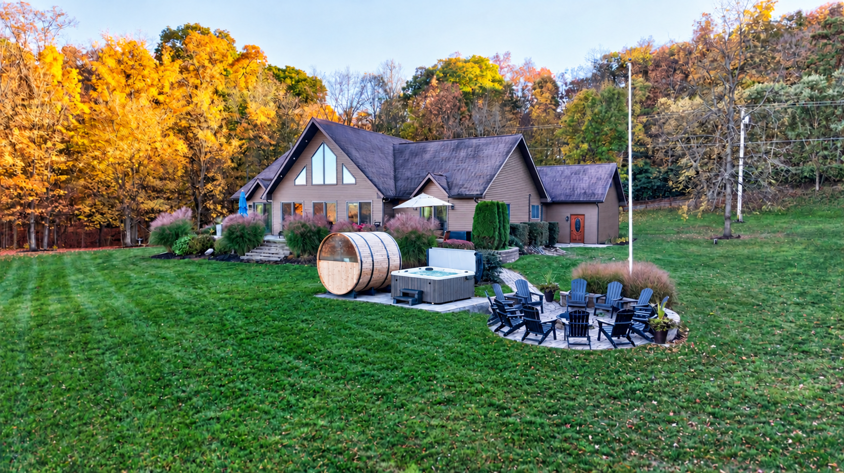 Backyard with fire pit seating and sauna