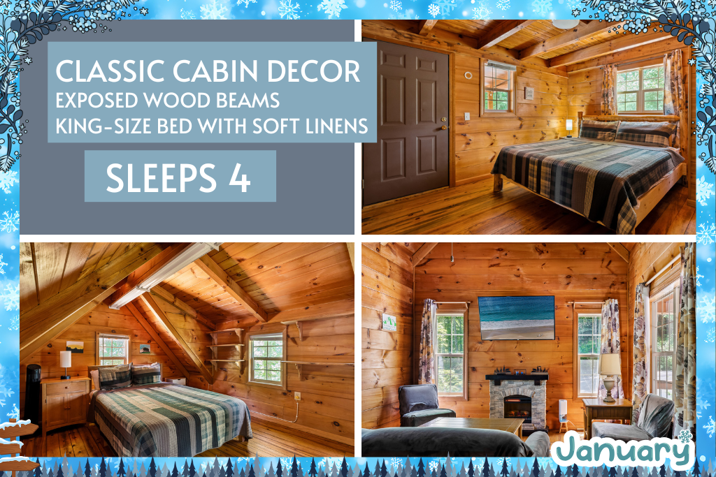 Classic wood-beam charm meets modern comfort—sleeps 4 with king & queen beds.