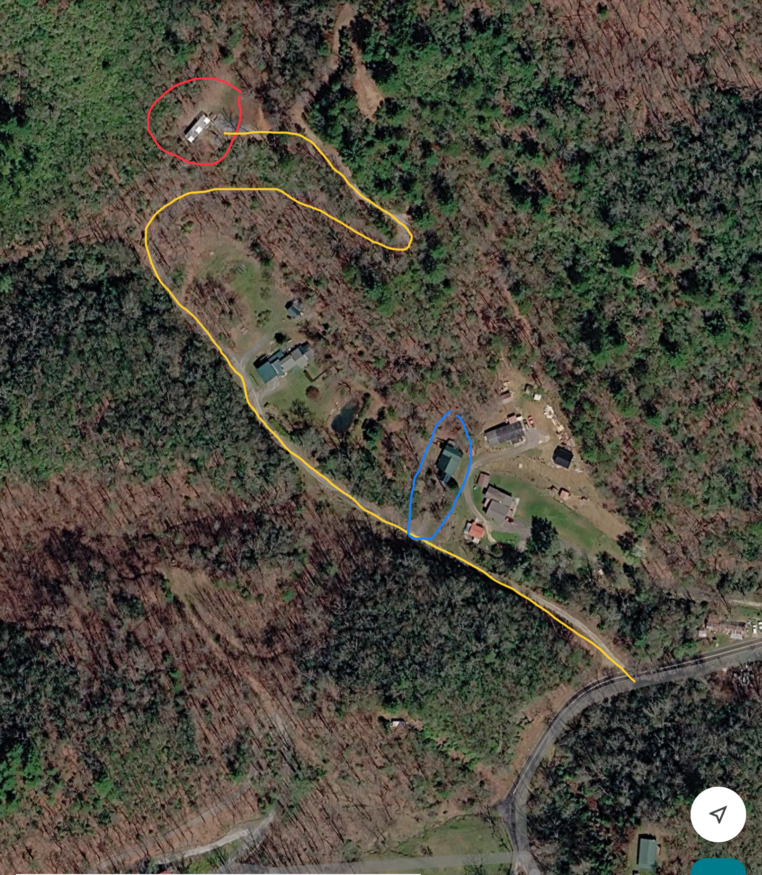 Yellow represents the driveway, and the red represents High Hollow Cottage.