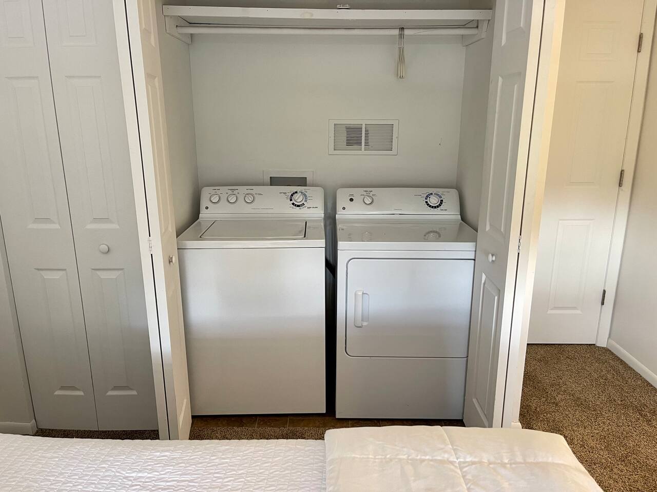 Enjoy the convenience of in-unit laundry with a full-size washer and dryer tucked neatly into the bedroom closet. Perfect for extended stays or active travelers—freshen up your clothes anytime without leaving the comfort of your space.