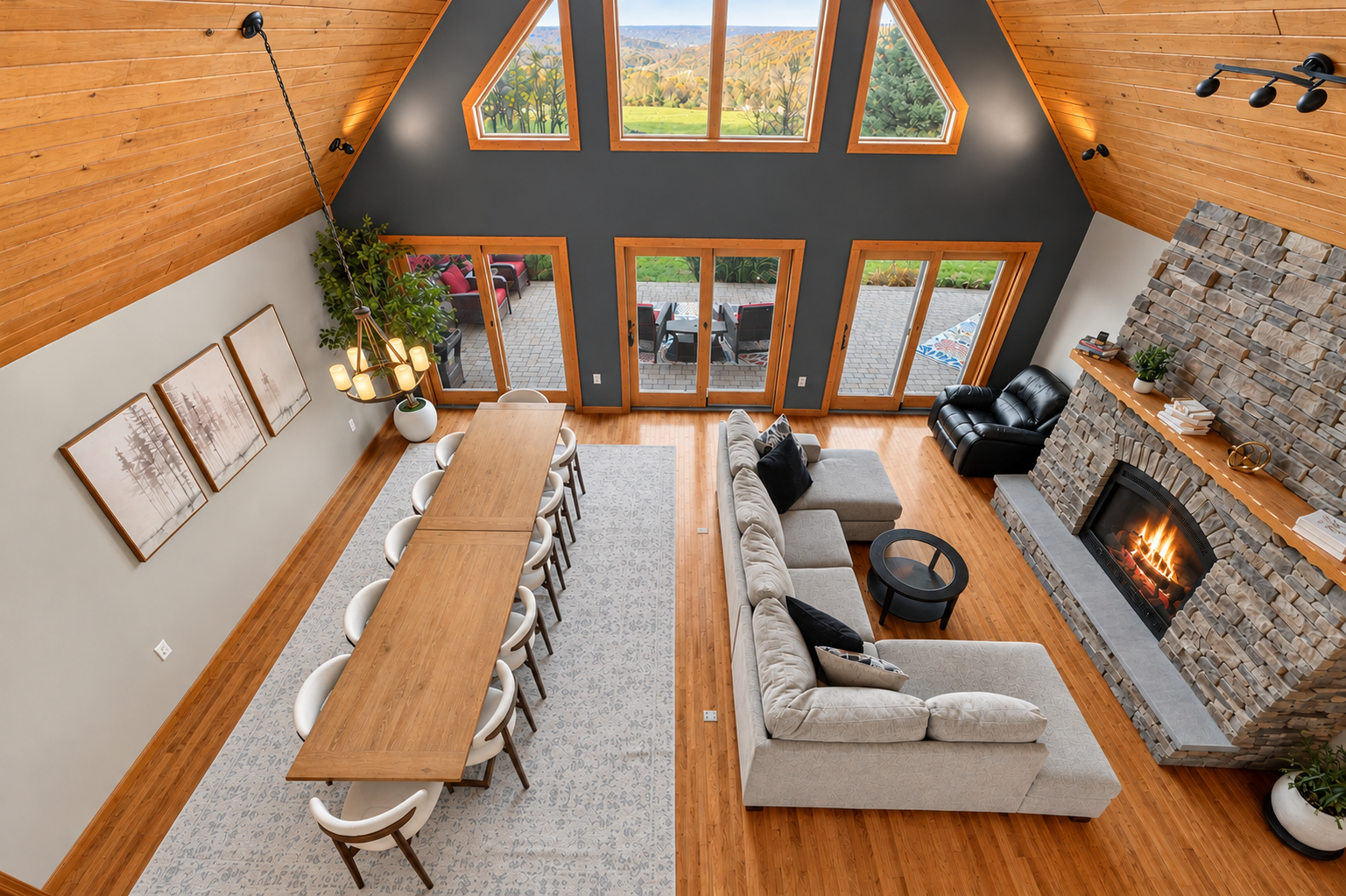 Elevated view of dining area and living room