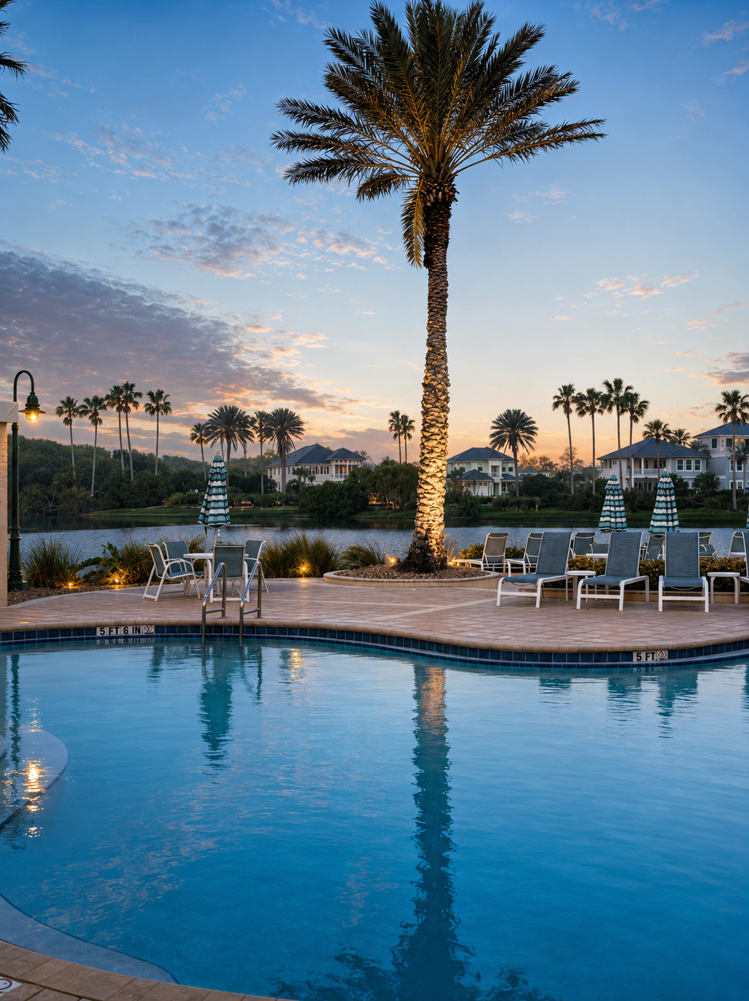 As twilight falls, the community pool glows and the palms sway in the warm evening breeze. Sneak in one last swim with the kids, watch the sky deepen over the lake, and let the calm of a perfect Florida evening wrap gently around your whole family.