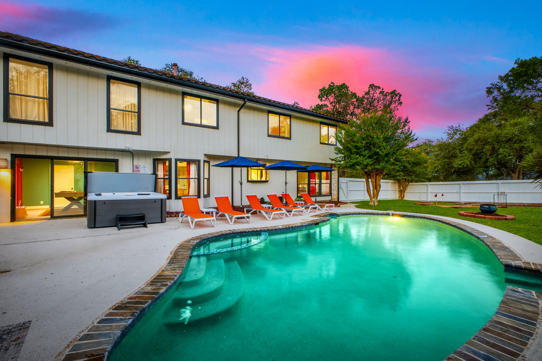 Dive into the sparkling private pool that's perfect for both refreshing swims and splashing fun.